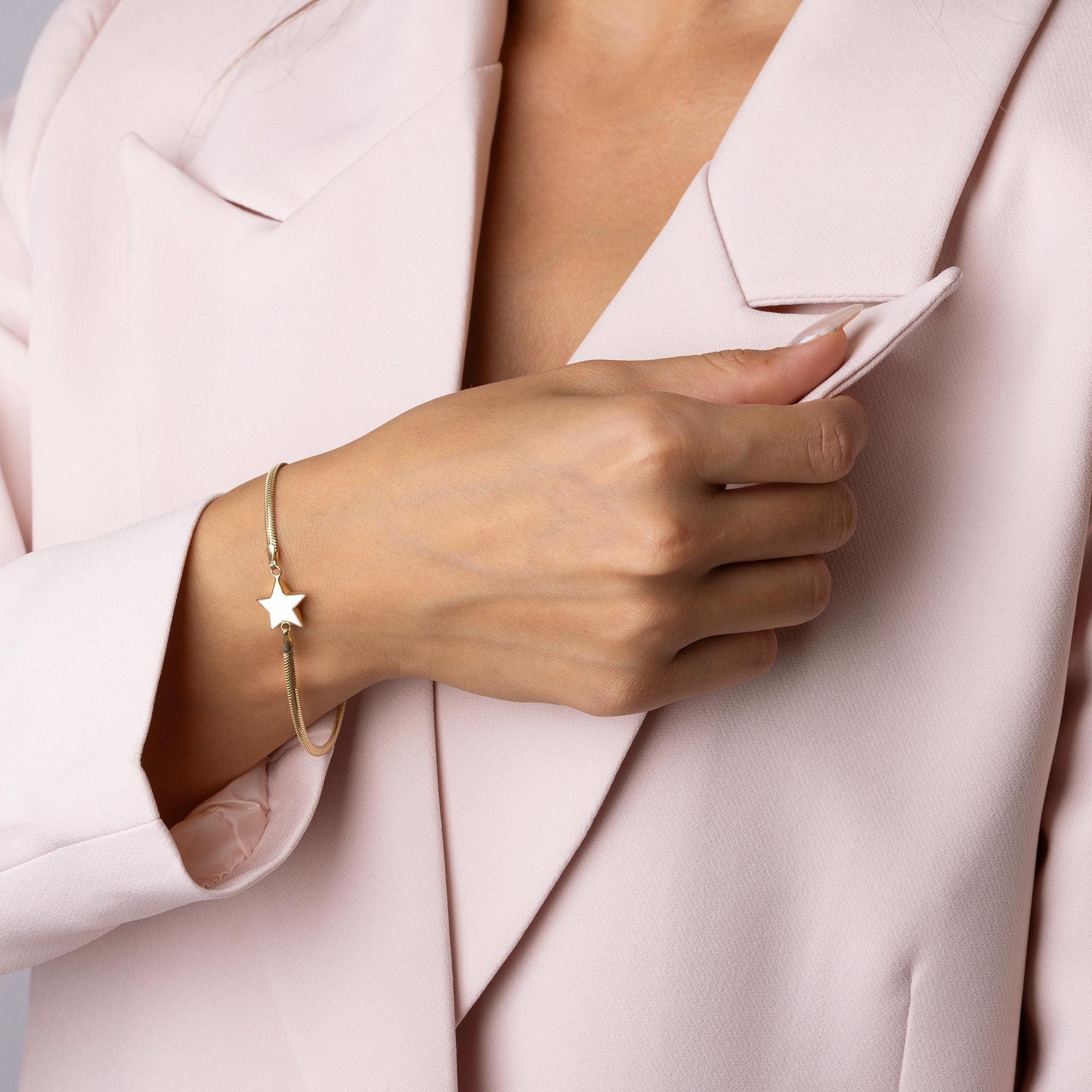 14K Solid Gold Star Bracelet - Real Gold Charm Jewelry