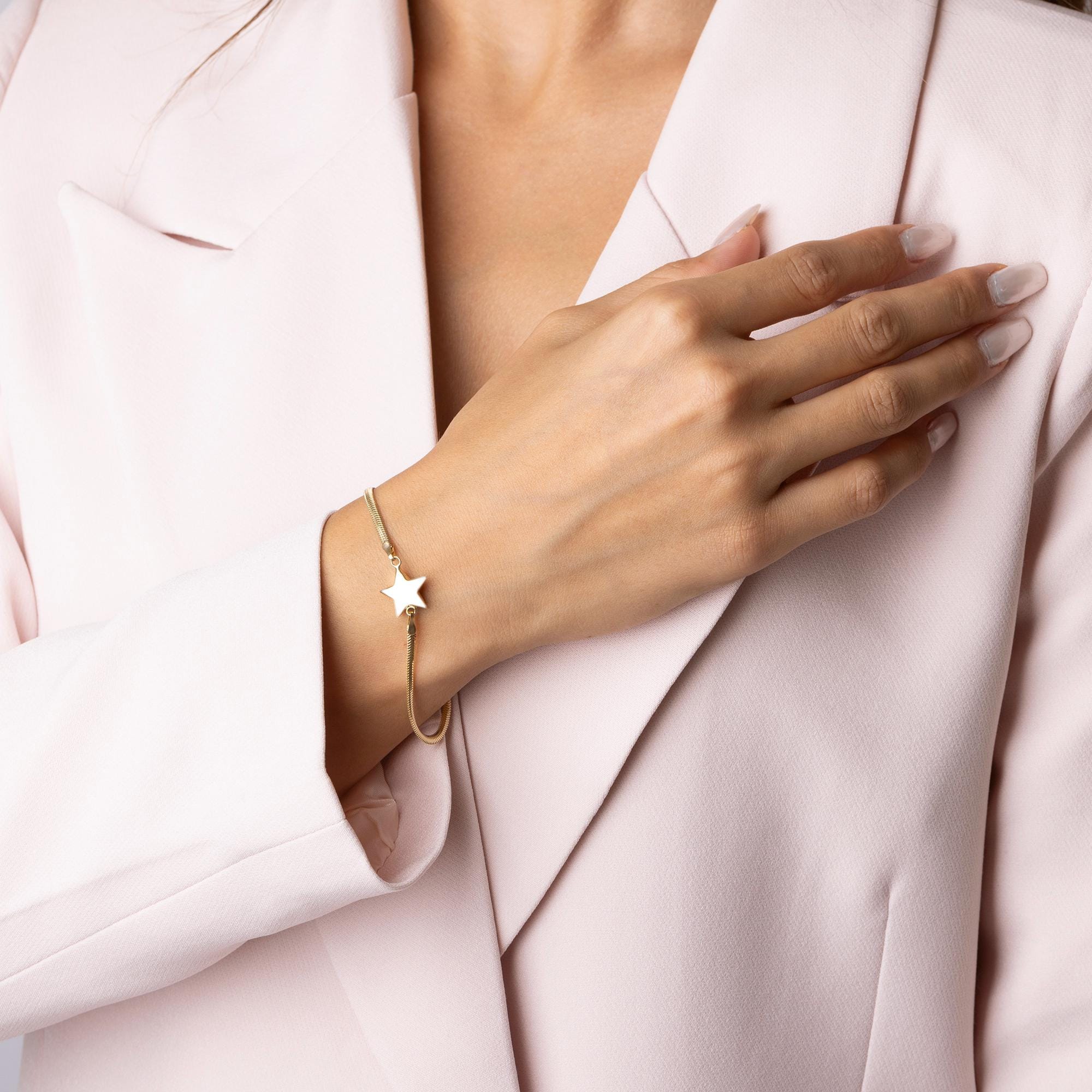 14K Solid Gold Star Bracelet - Real Gold Charm Jewelry