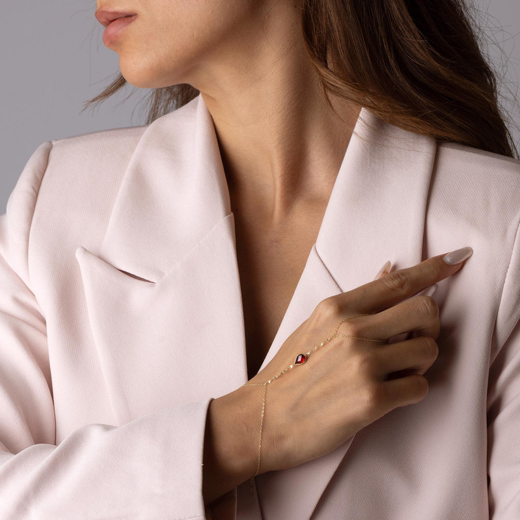 14K Solid Gold Multicolor Hand Chain Bracelet - Red Green Blue Gemstone Jewelry