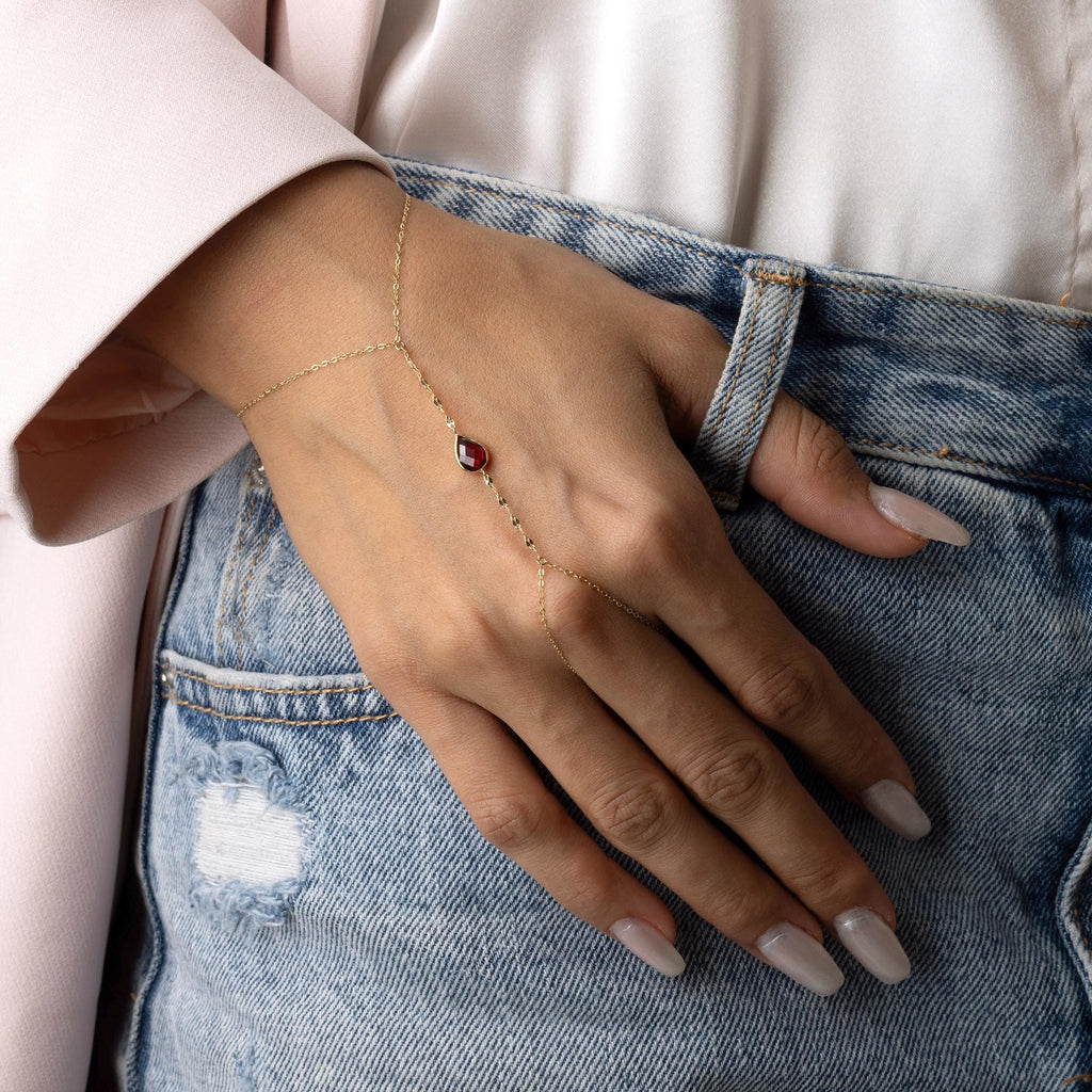 14K Solid Gold Multicolor Hand Chain Bracelet - Red Green Blue Gemstone Jewelry