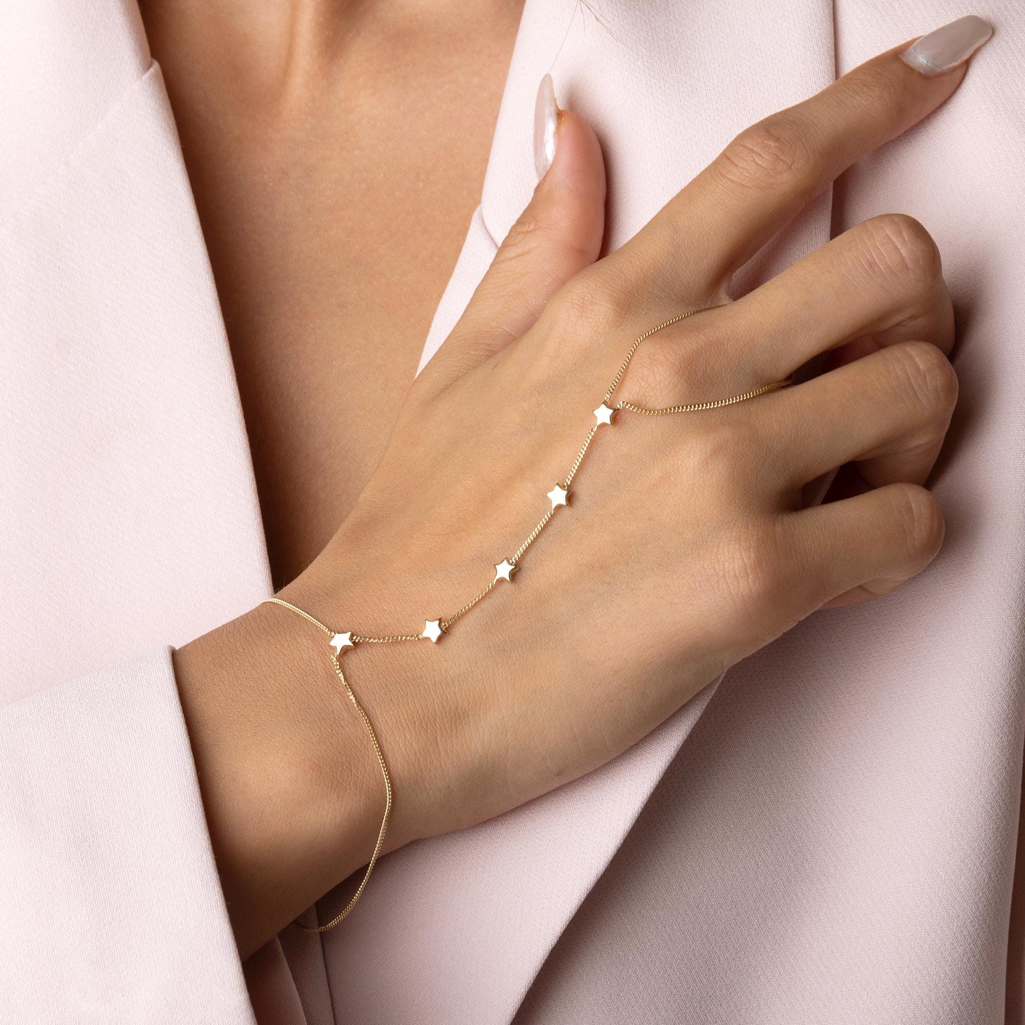 14K Solid Gold Star Hand Chain Bracelet - Luxury Hand Jewelry