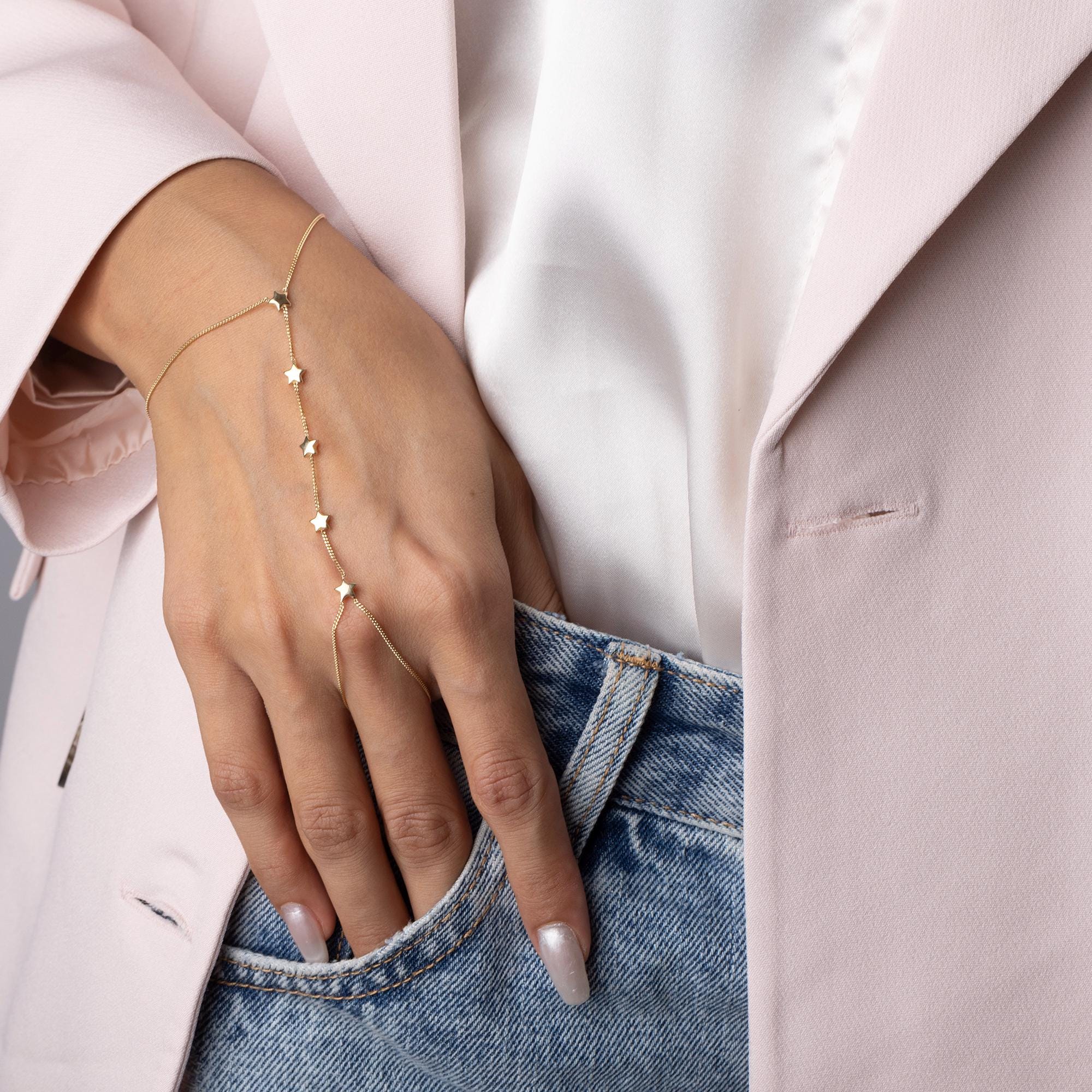14K Solid Gold Star Hand Chain Bracelet - Luxury Hand Jewelry