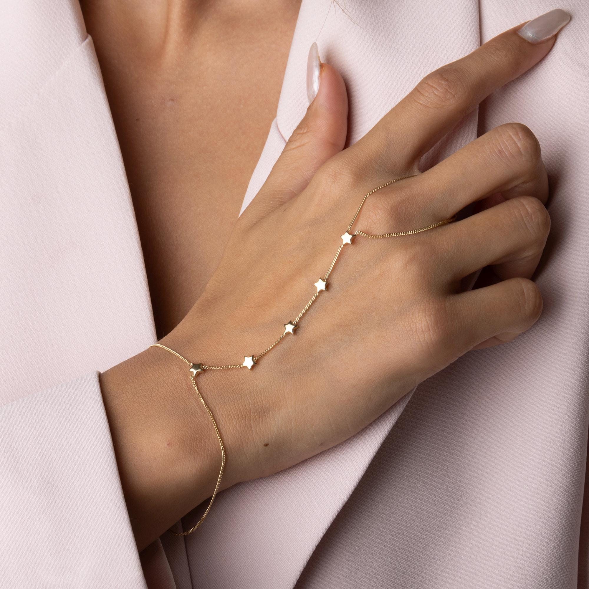 14K Solid Gold Star Hand Chain Bracelet - Luxury Hand Jewelry
