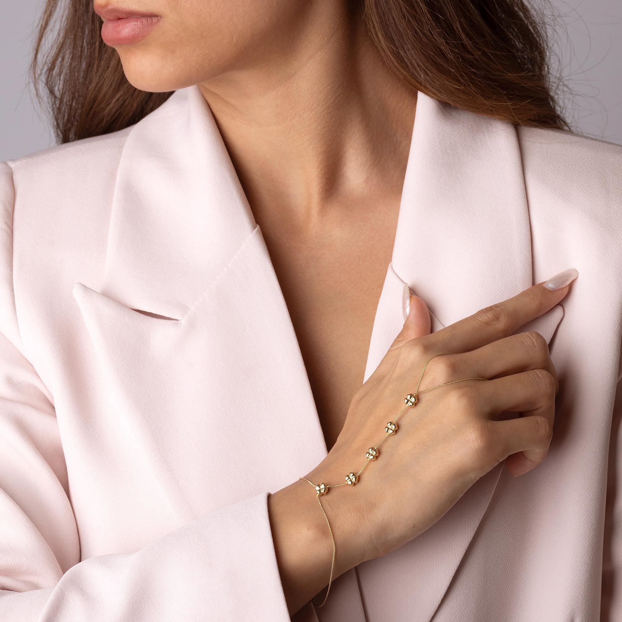 14K Solid Gold Clover Hand Chain Bracele - Real Gold Four Leaf Jewelry