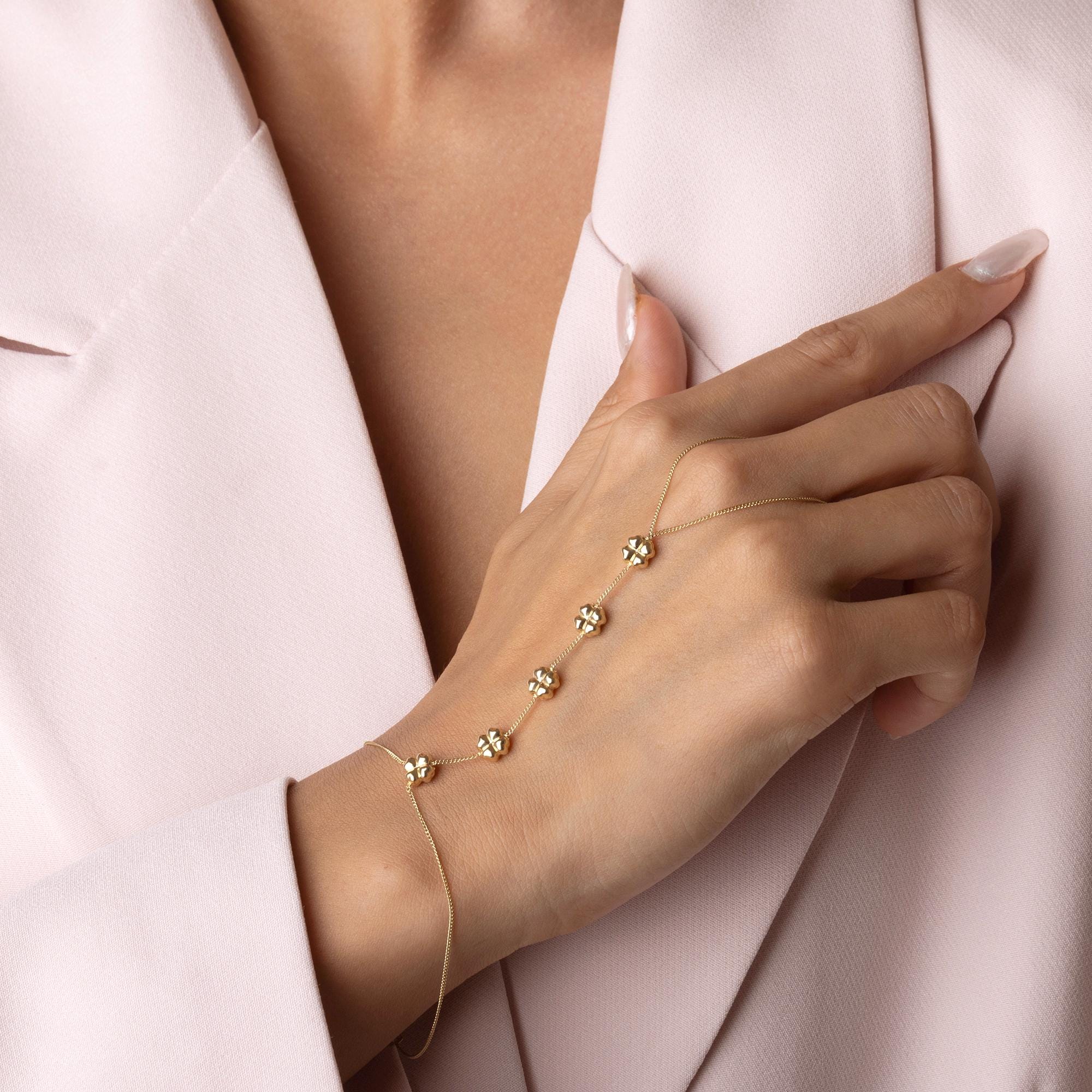 14K Solid Gold Clover Hand Chain Bracele - Real Gold Four Leaf Jewelry