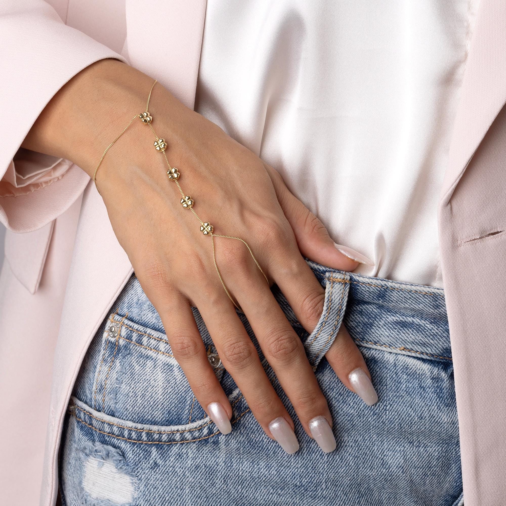 14K Solid Gold Clover Hand Chain Bracele - Real Gold Four Leaf Jewelry