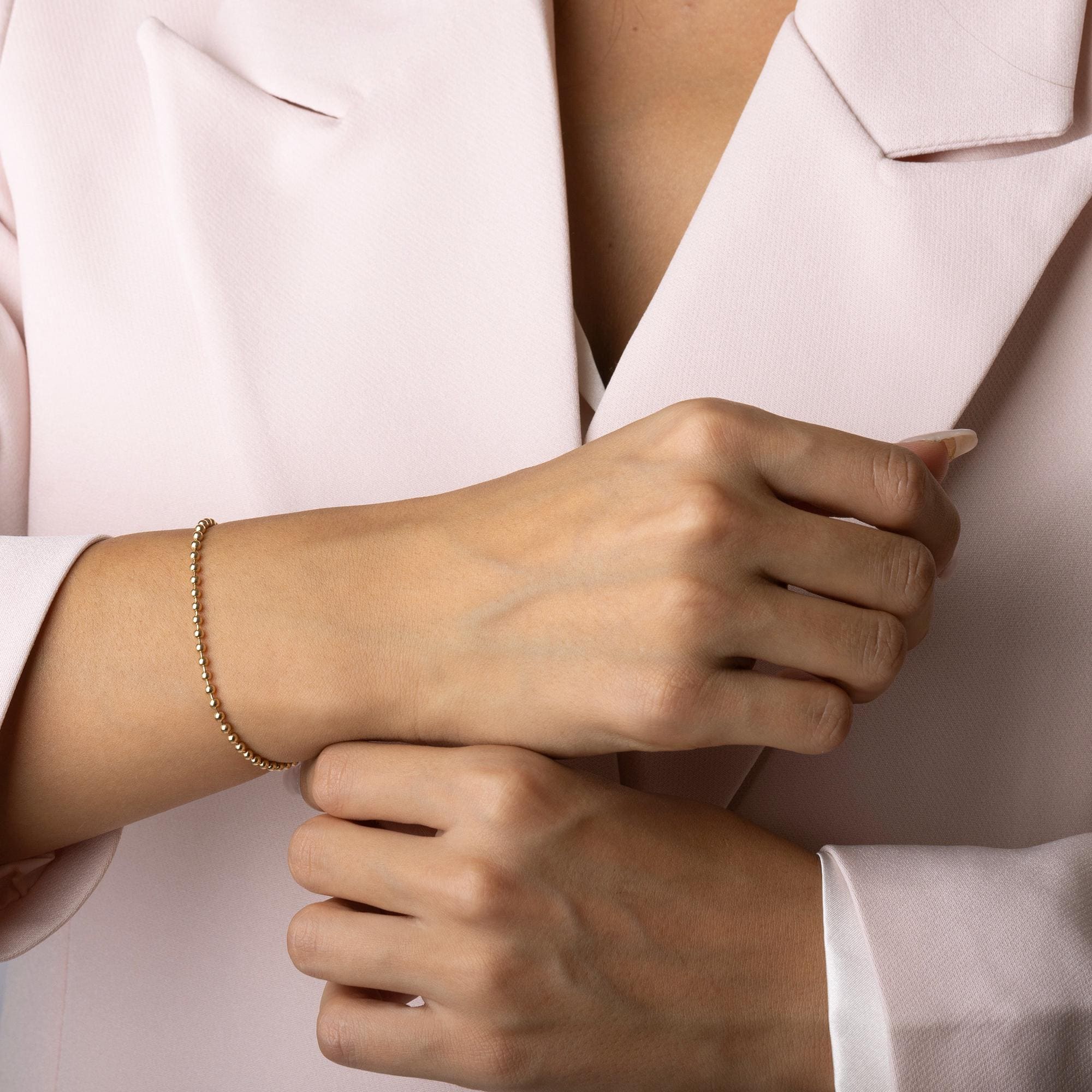 14K Solid Gold Beaded Bracelet - Dainty Gold Ball Chain Bracelet