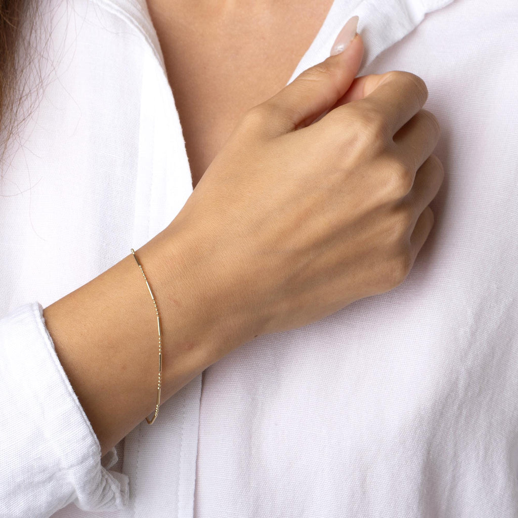 14K Solid Gold Thin Beaded Bar Bracelet – Minimalist Dainty Jewelry