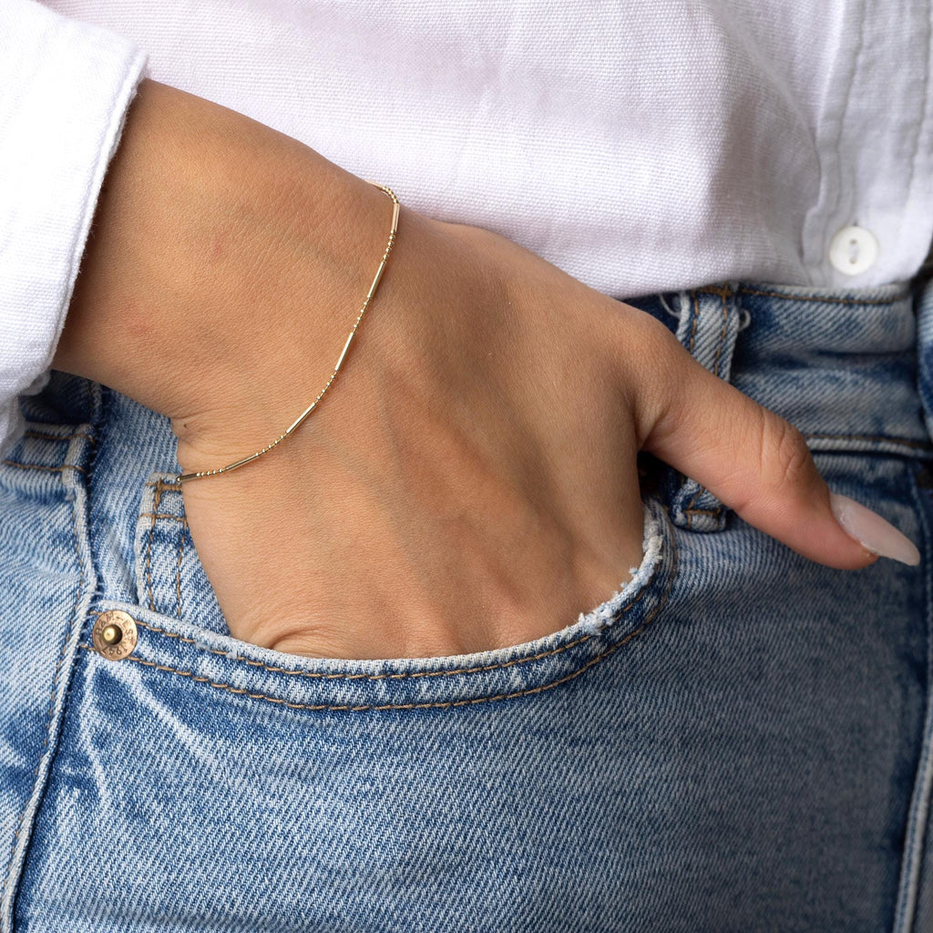 14K Solid Gold Thin Beaded Bar Bracelet – Minimalist Dainty Jewelry