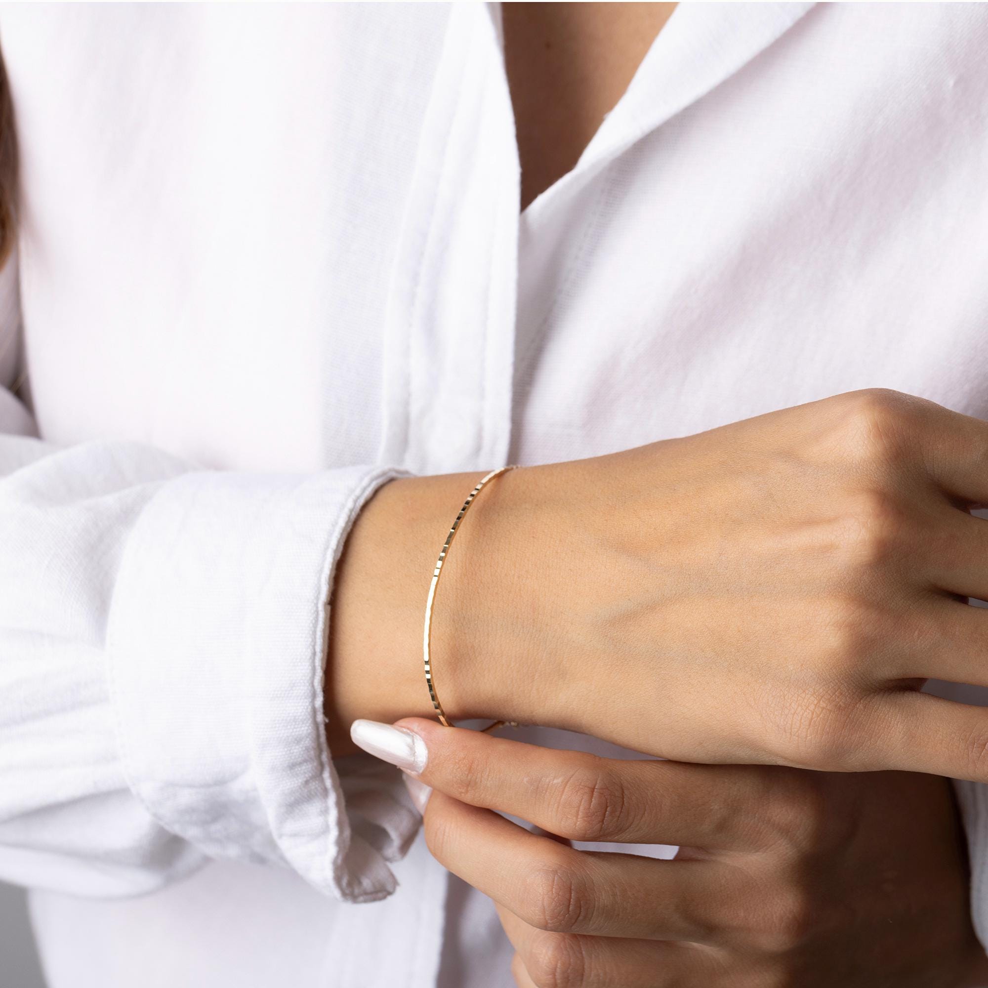 14K Solid Gold Thin Square Bracelet – 2mm Dainty Gold Bangle