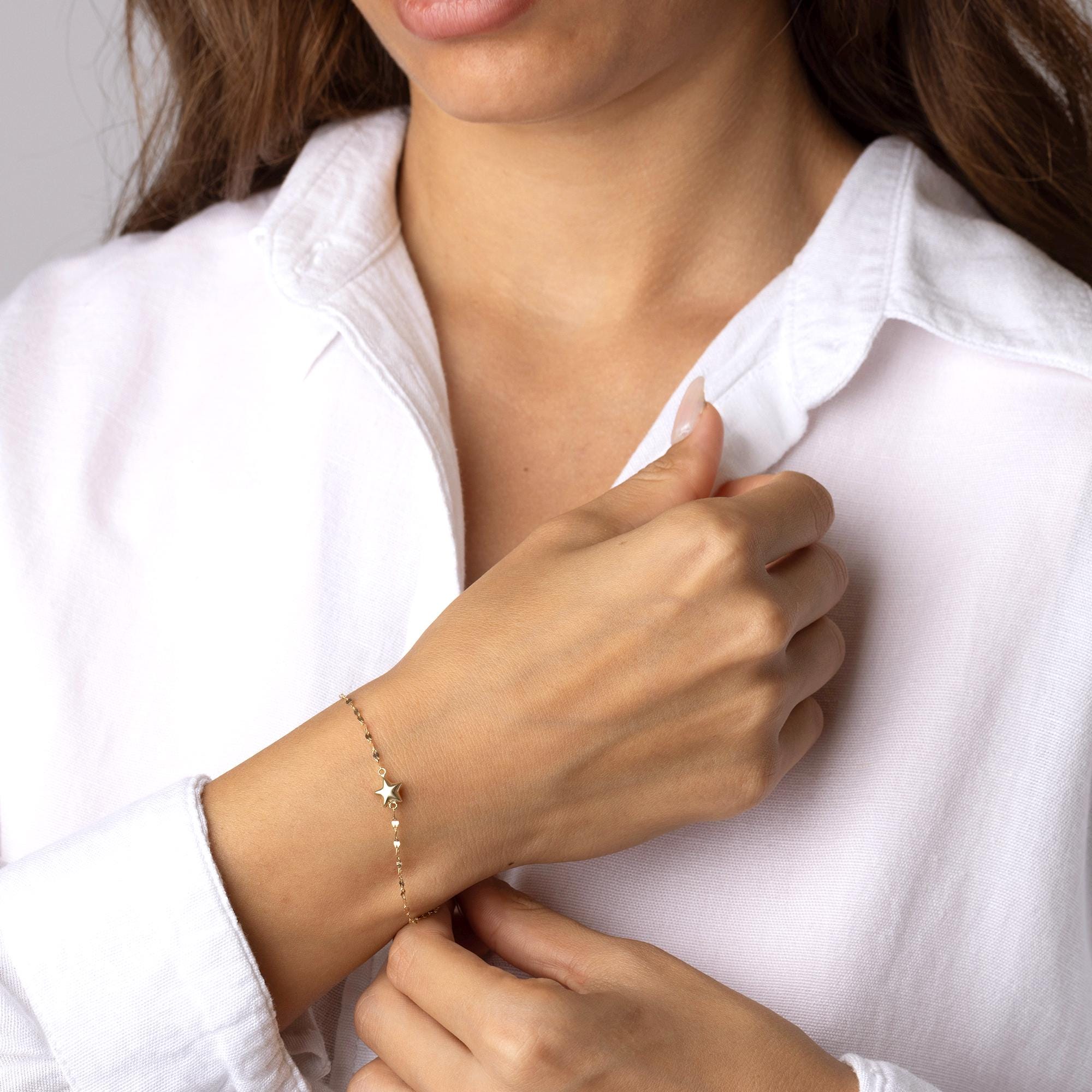 14K Solid Gold Star Bracelet – Dainty Minimalist Chain