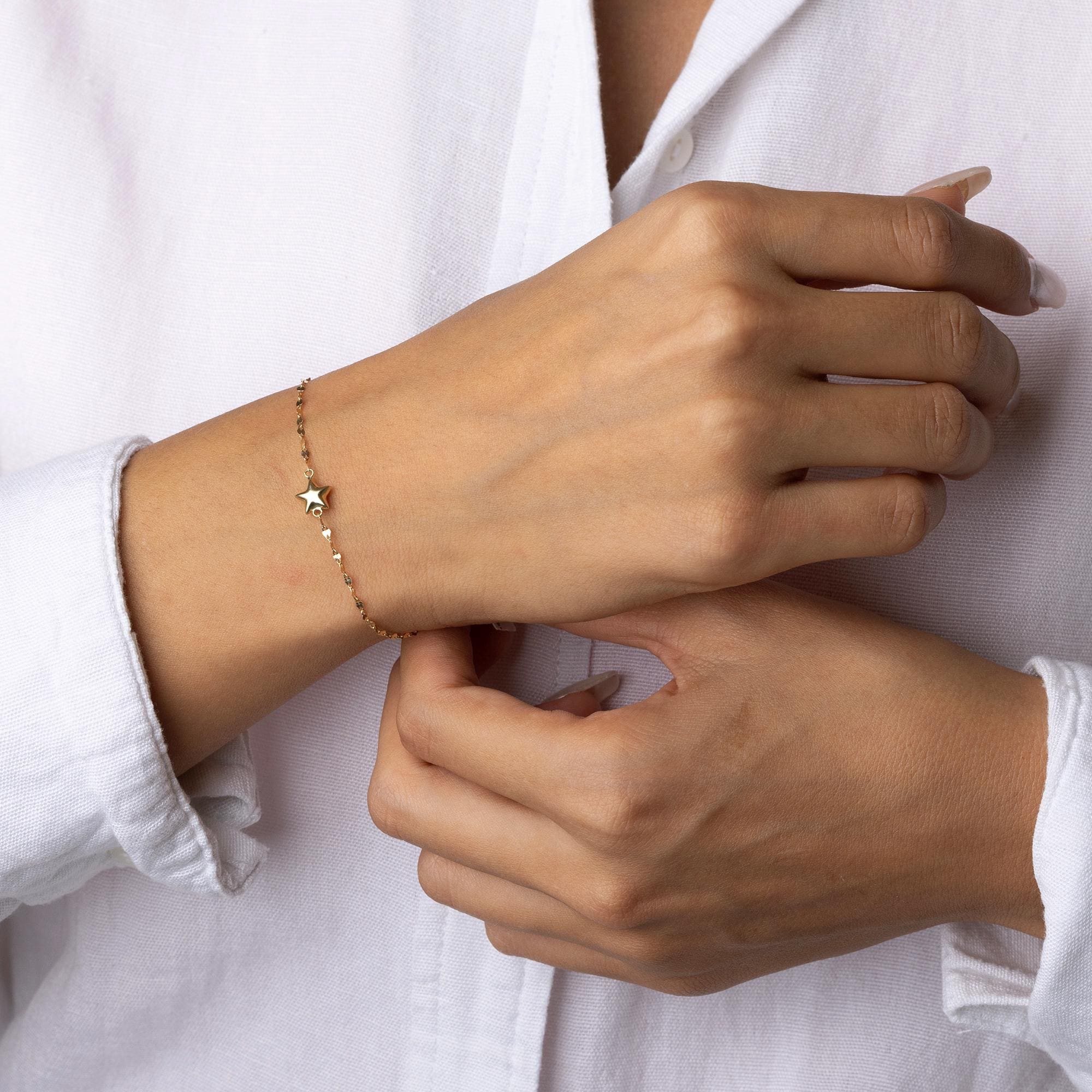 14K Solid Gold Star Bracelet – Dainty Minimalist Chain