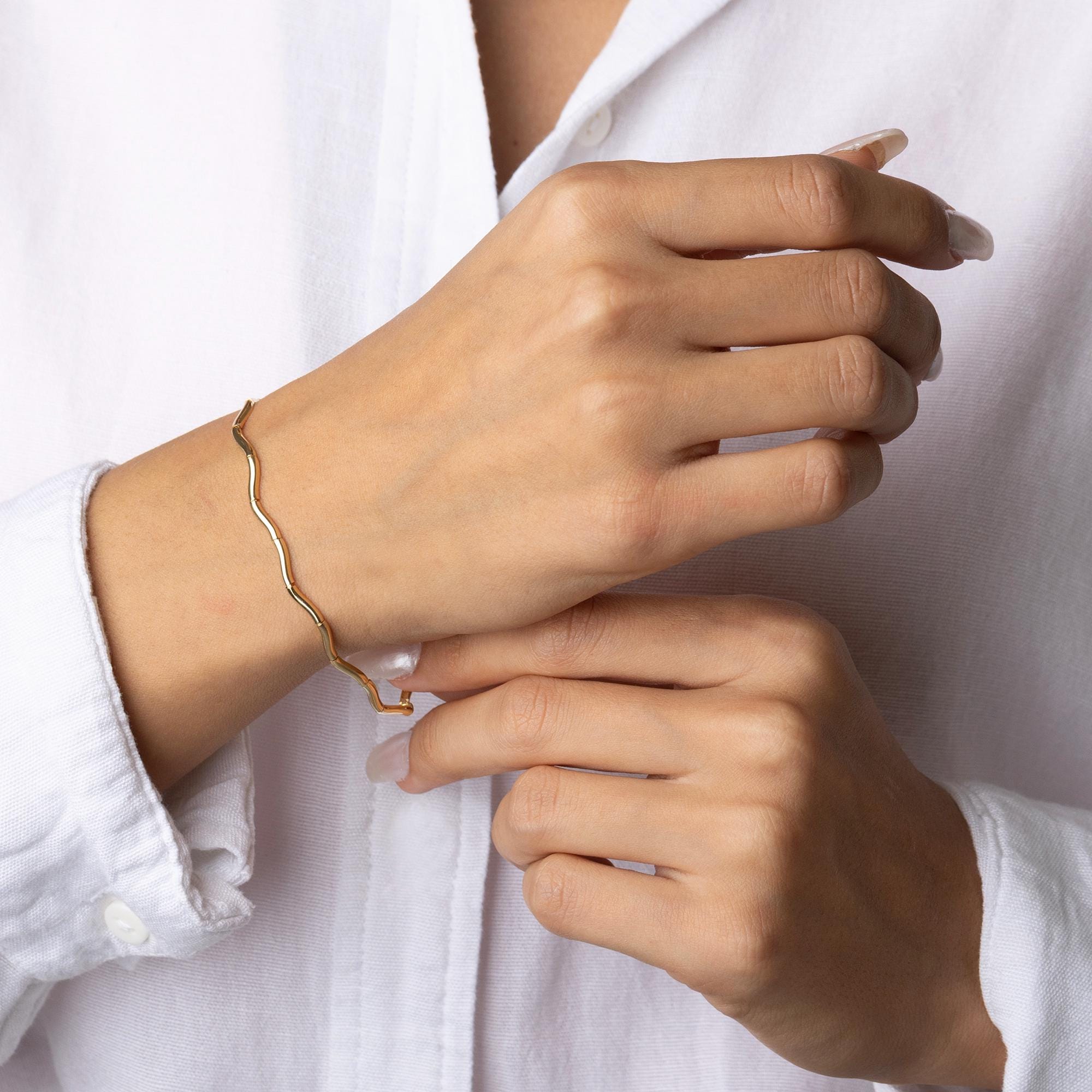 14K Solid Gold Wave Bangle Bracelet – Unique Textured Real Gold Jewelry
