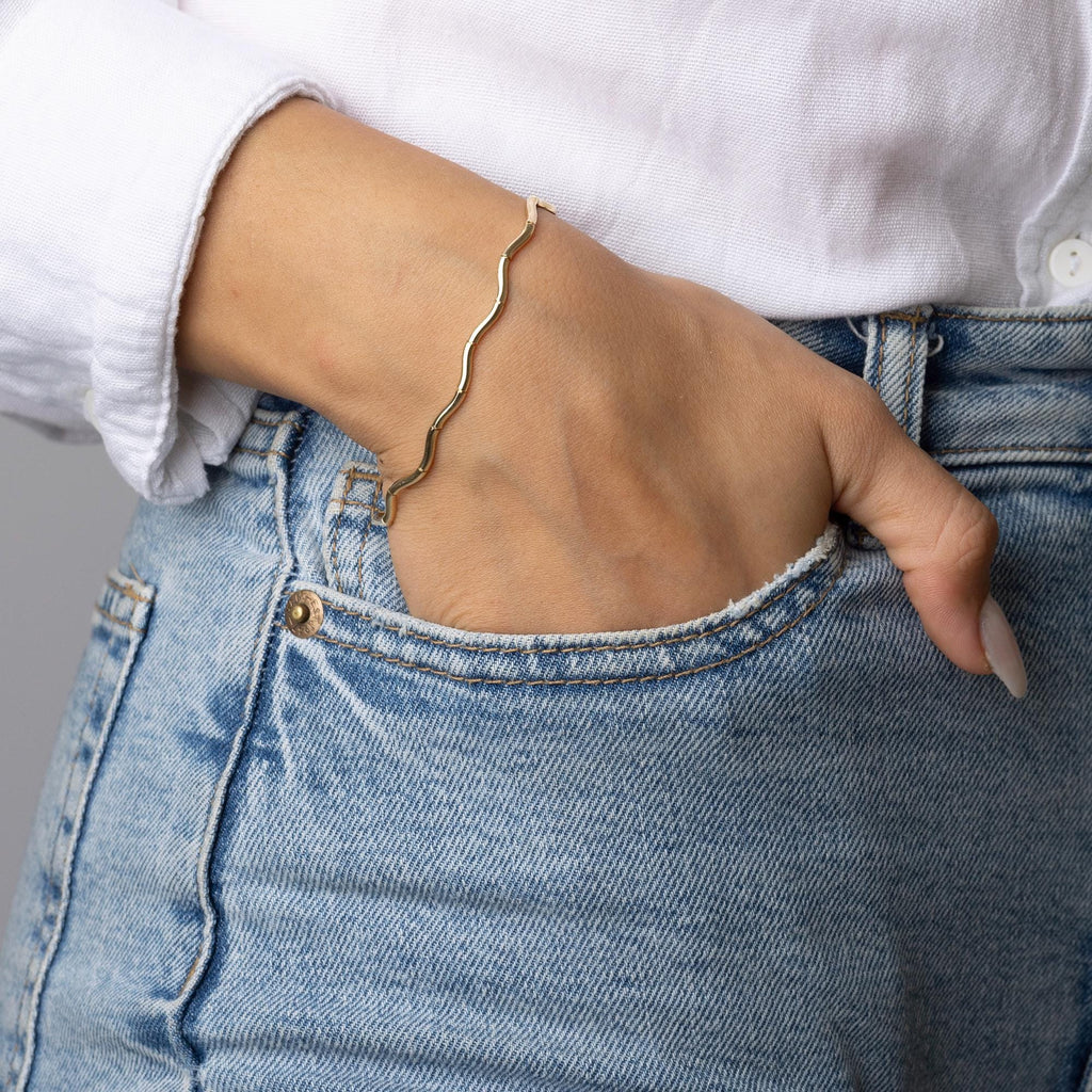 14K Solid Gold Wave Bangle Bracelet – Unique Textured Real Gold Jewelry