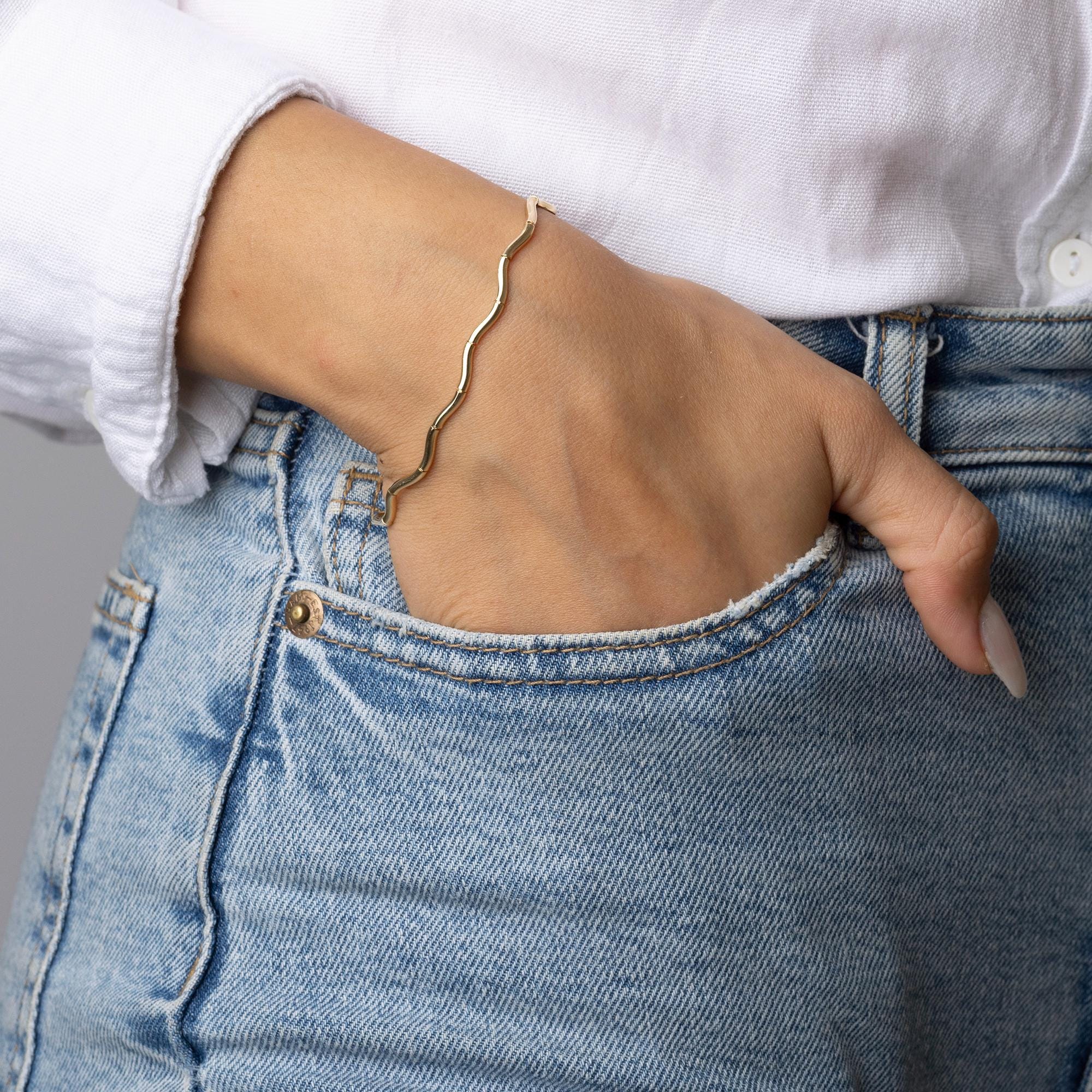 14K Solid Gold Wave Bangle Bracelet – Unique Textured Real Gold Jewelry