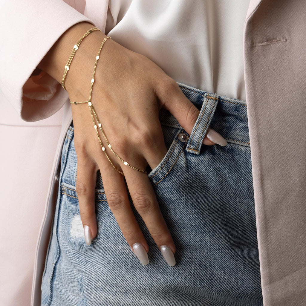 14K Solid Gold Hand Chain Bracelet – Elegant Minimalist Slave Chain