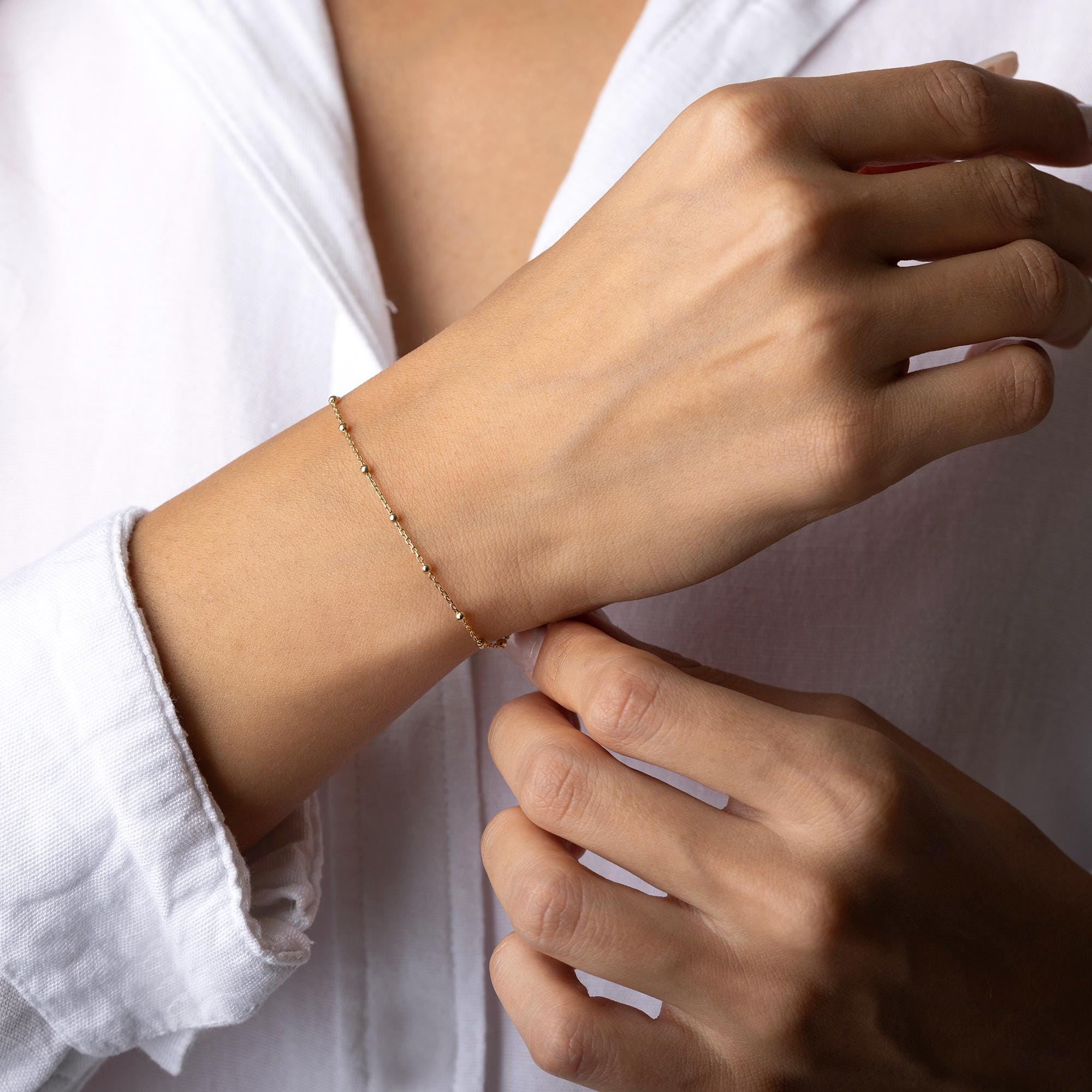 14K Solid Gold Beaded Chain Bracelet – Dainty Real Gold Jewelry