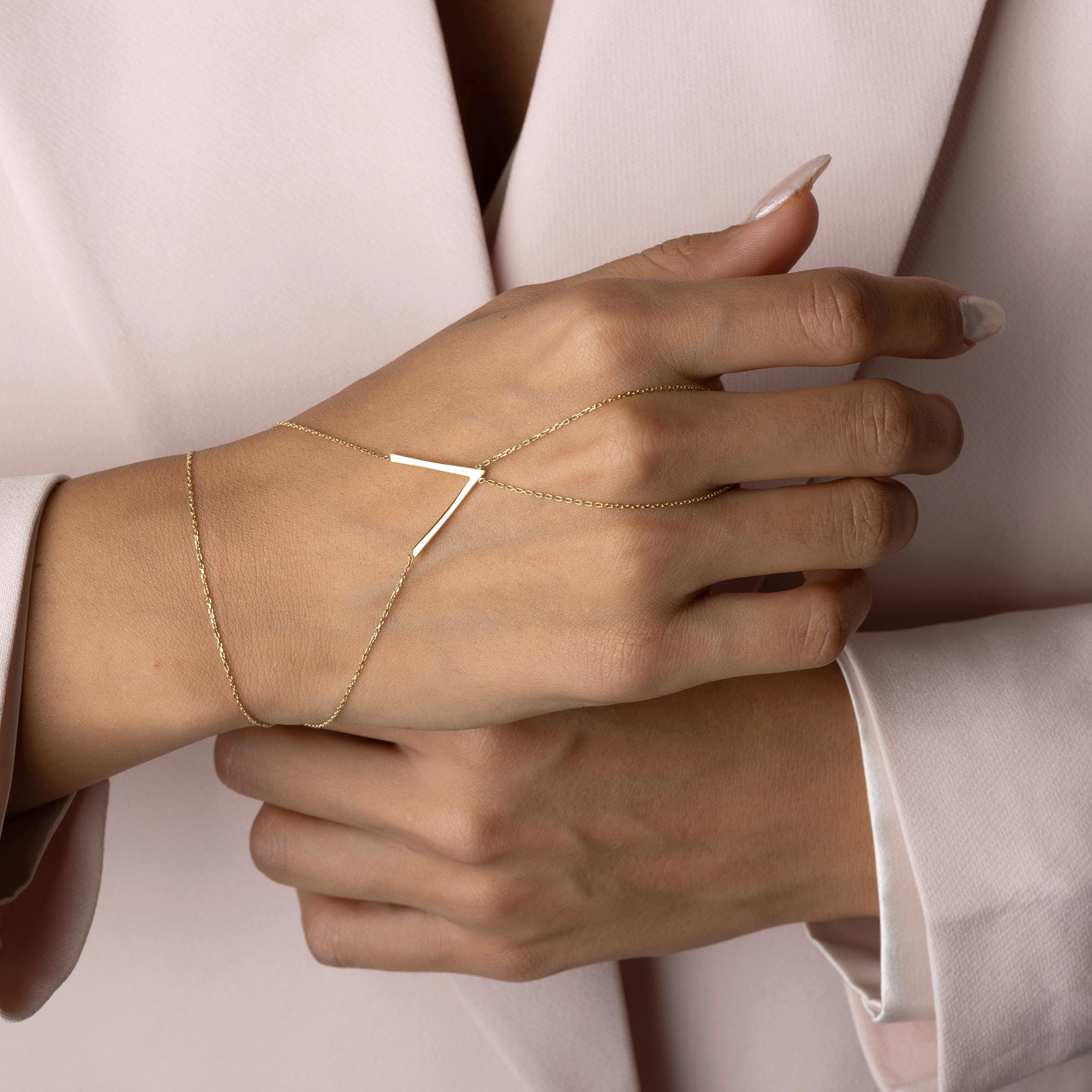 14K Solid Gold Hand Chain Bracelet - Dainty Geometric Bar Slave Bracelet