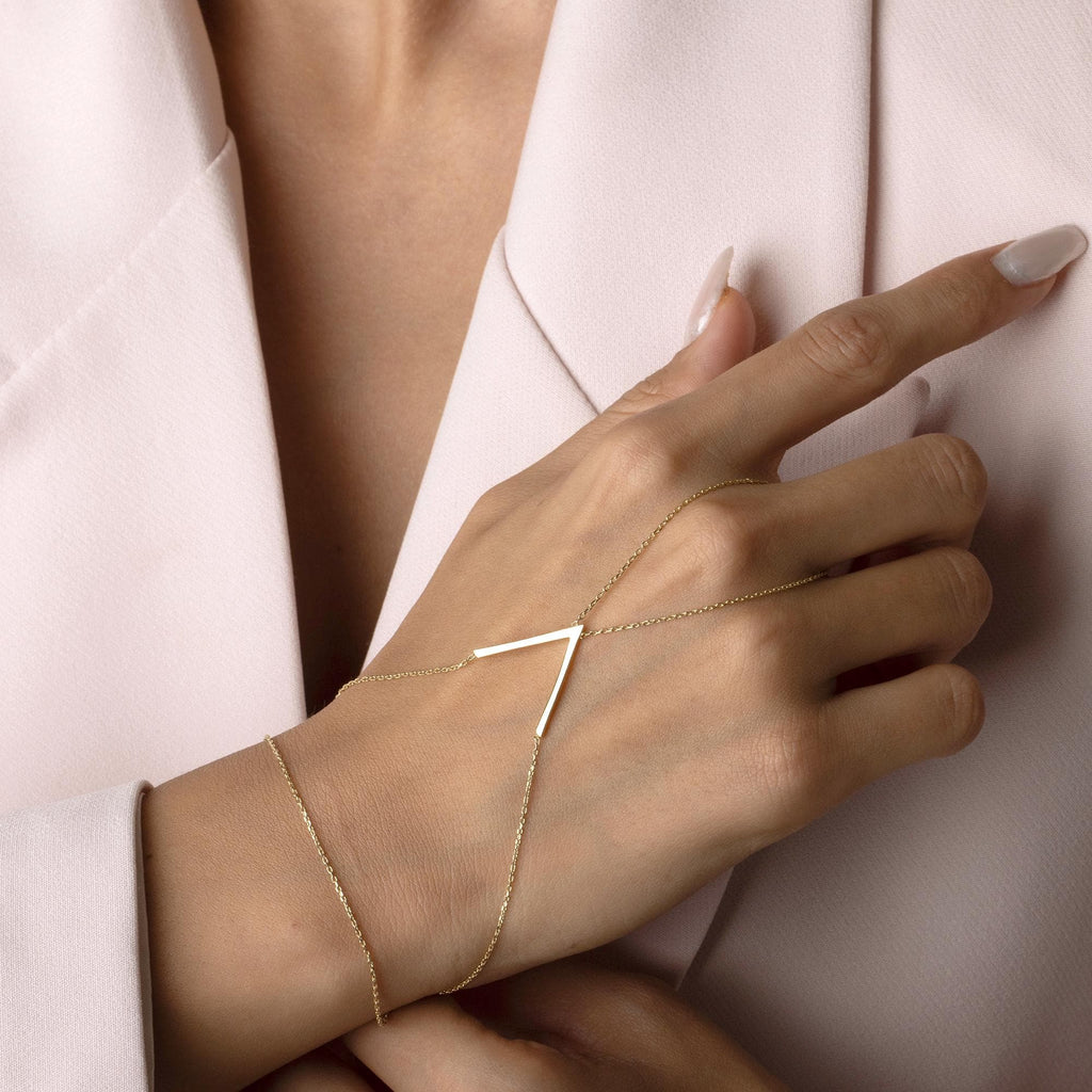 14K Solid Gold Hand Chain Bracelet - Dainty Geometric Bar Slave Bracelet