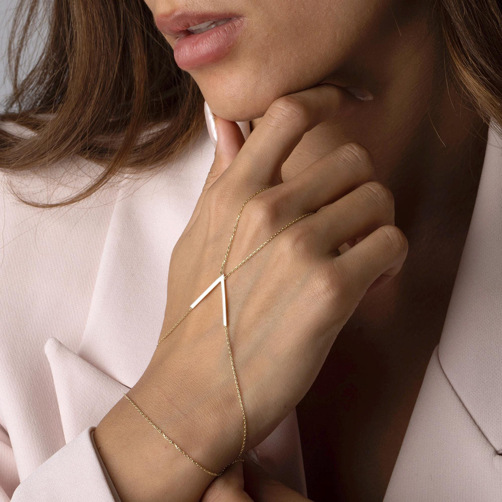 14K Solid Gold Hand Chain Bracelet - Dainty Geometric Bar Slave Bracelet