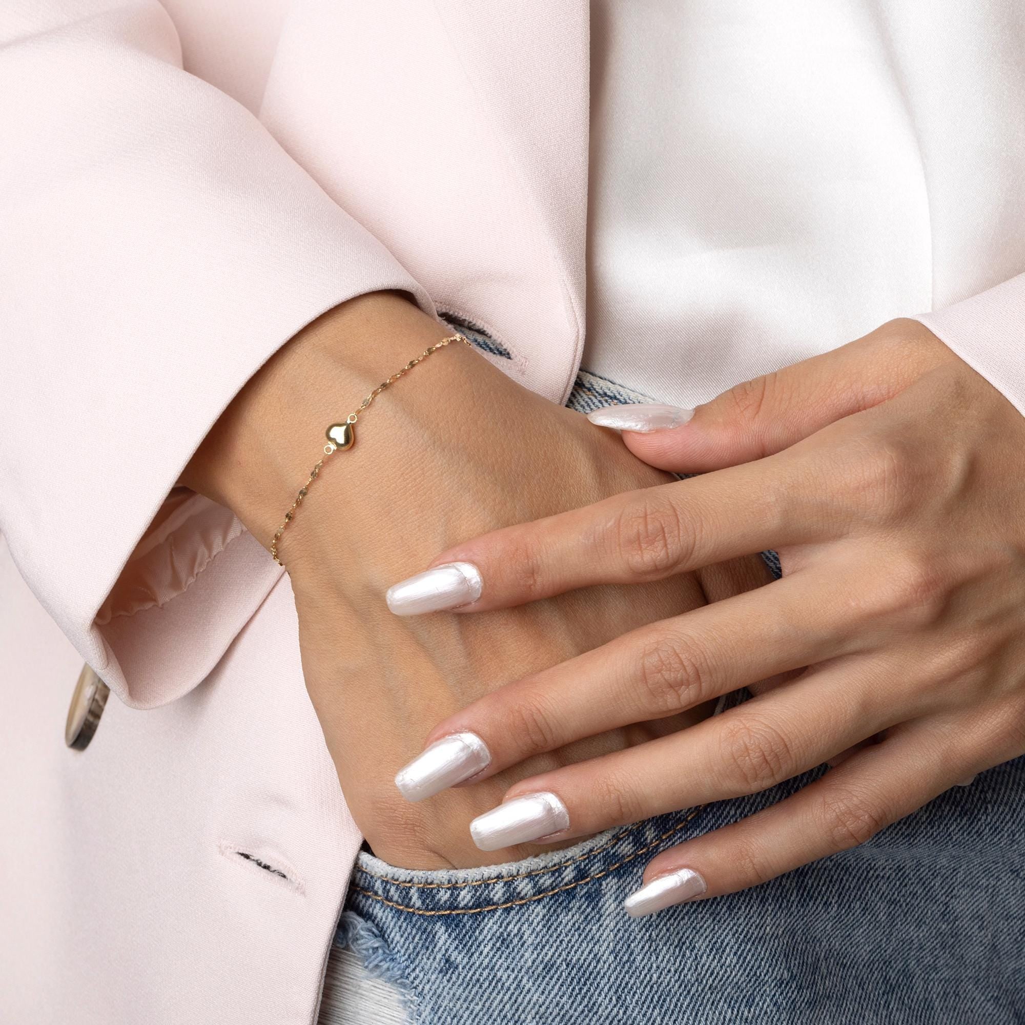 14K Solid Gold Heart Bracelet - Dainty Minimalist Chain