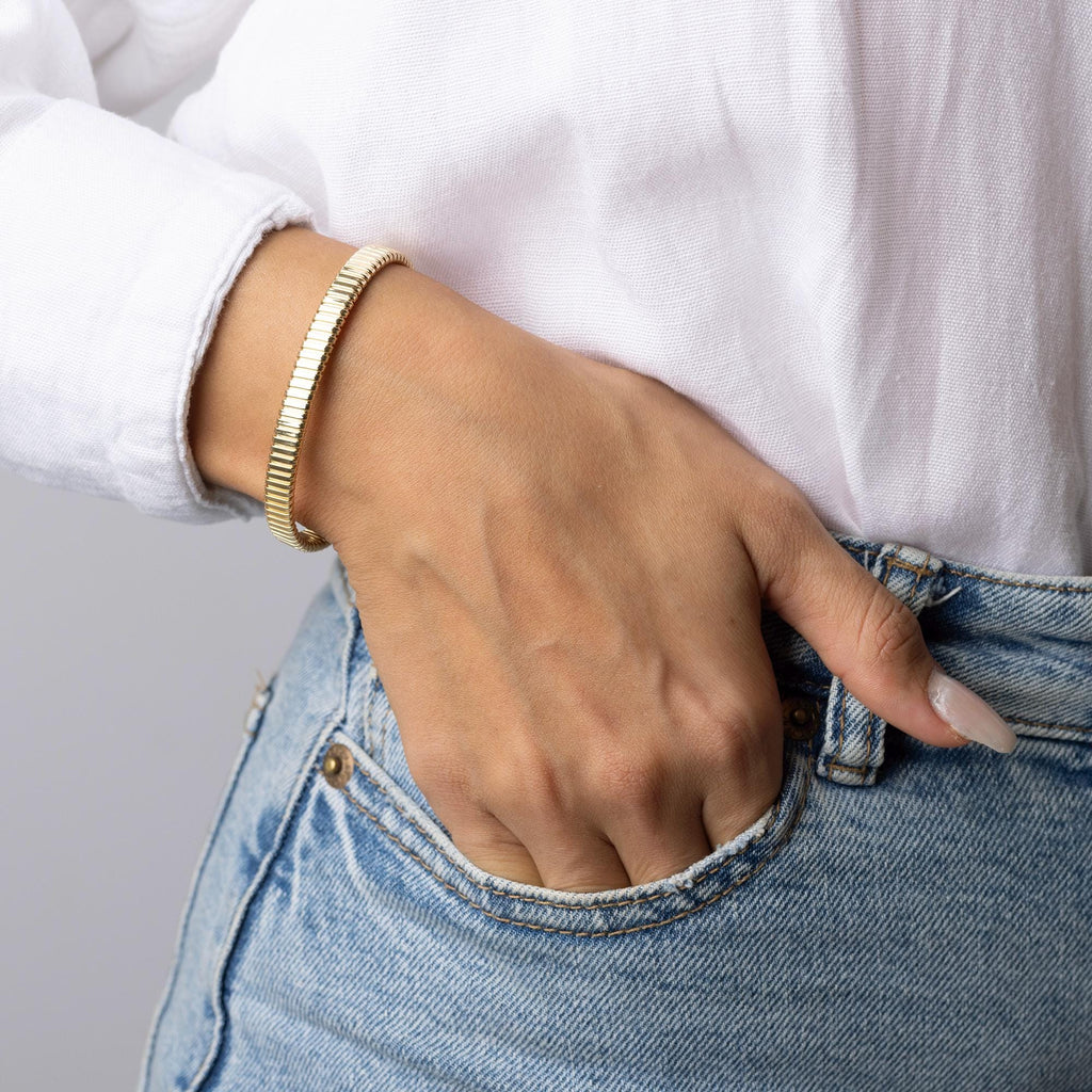 14K Solid Gold Ribbed Bangle Bracelet, Textured Gold Cuff, Real Gold Jewelry