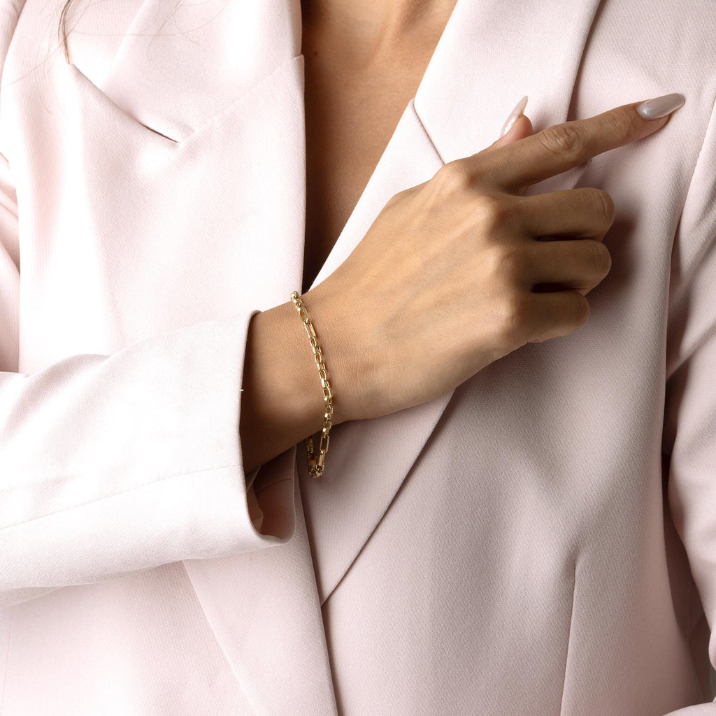 14K Solid Gold Paperclip Chain Bracelet, Minimalist Gold Link Bracelet, Real Gold Jewelry for Women, Fine Gold Gift