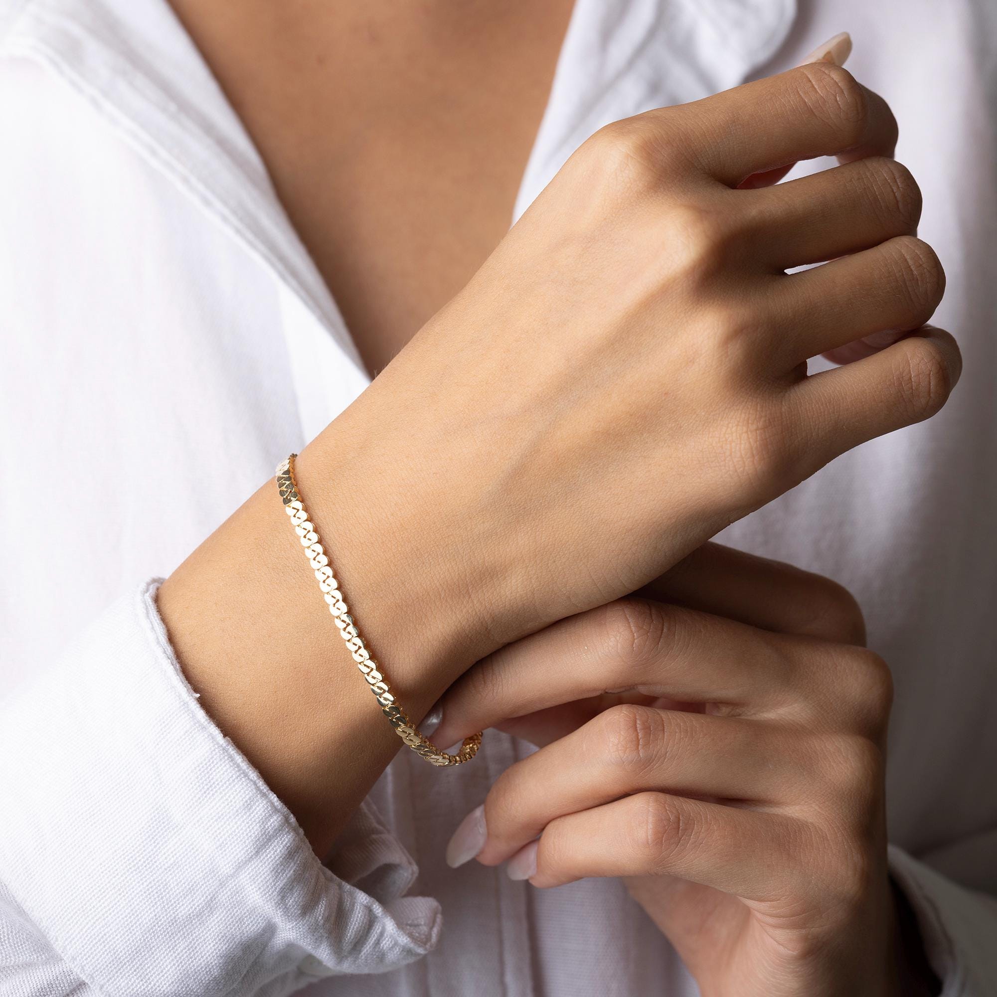 14K Solid Gold Figaro Chain Bracelet - Real Gold Link Chain