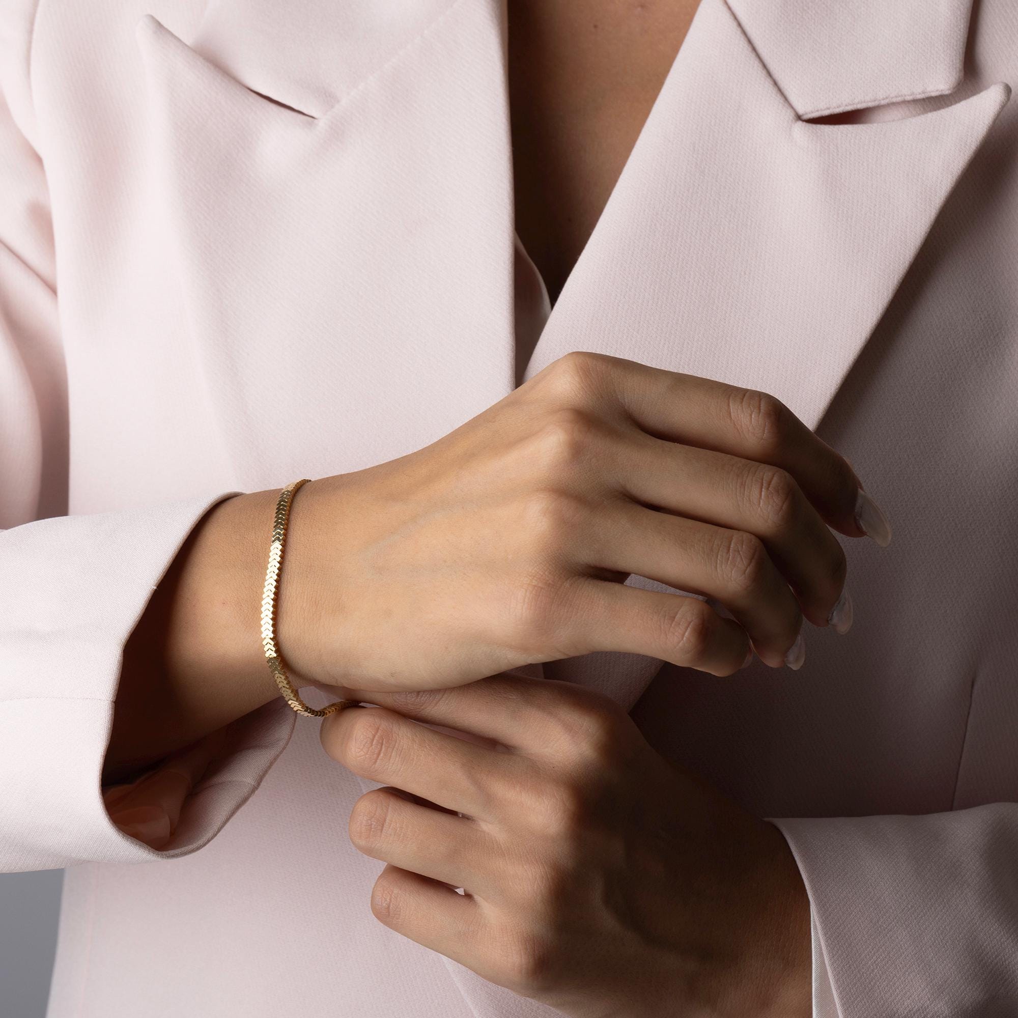 14K Solid Gold Herringbone Bracelet - Flat Gold Chain