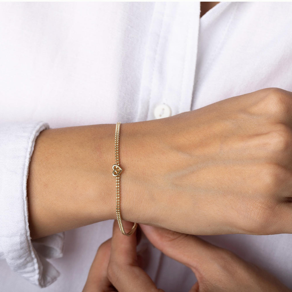 14K Solid Gold Heart Bracelet - Real Gold Love Charm Bracelet