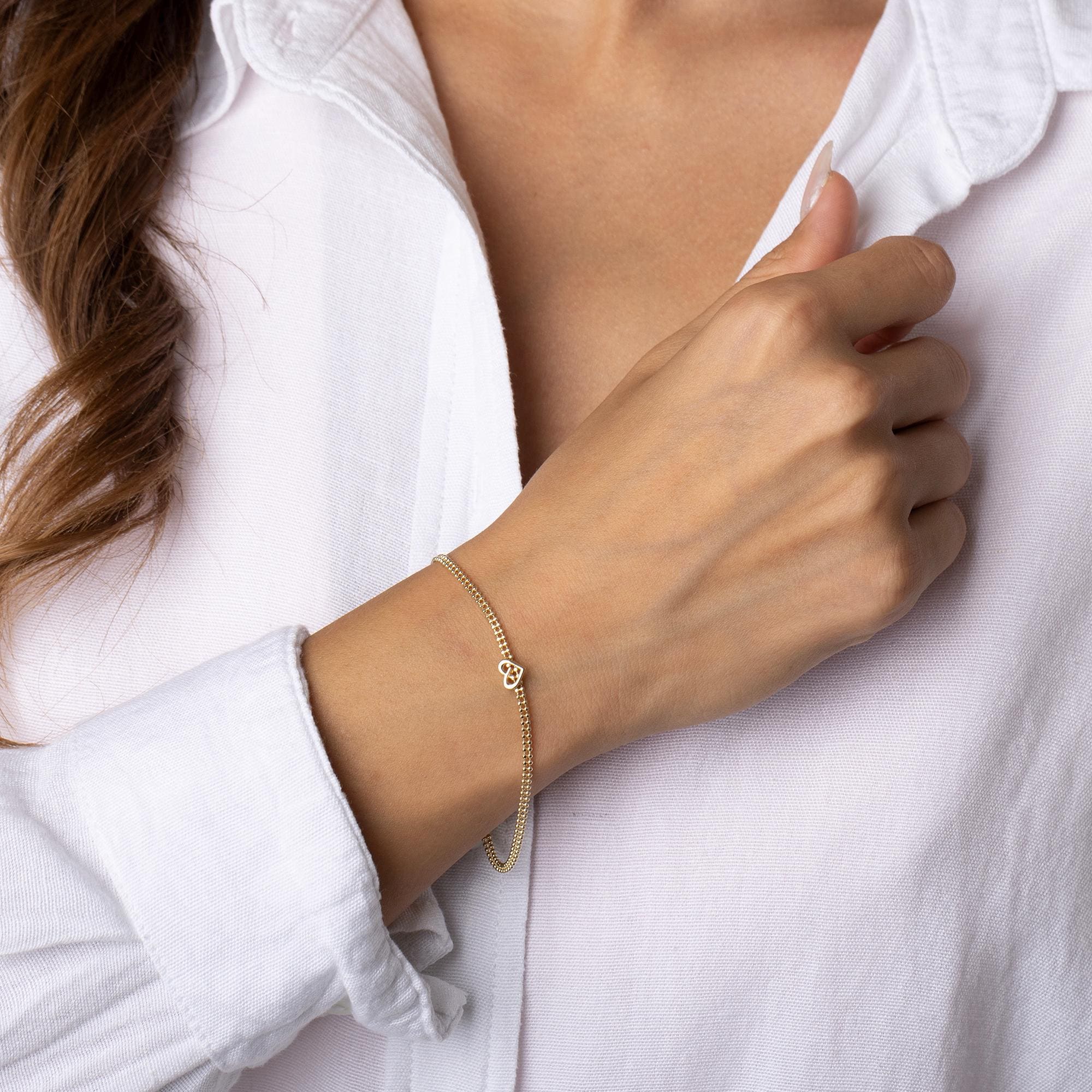 14K Solid Gold Heart Bracelet - Real Gold Love Charm Bracelet