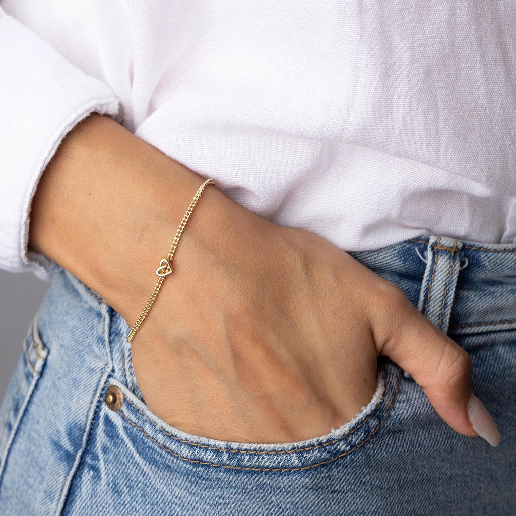 14K Solid Gold Heart Bracelet - Real Gold Love Charm Bracelet