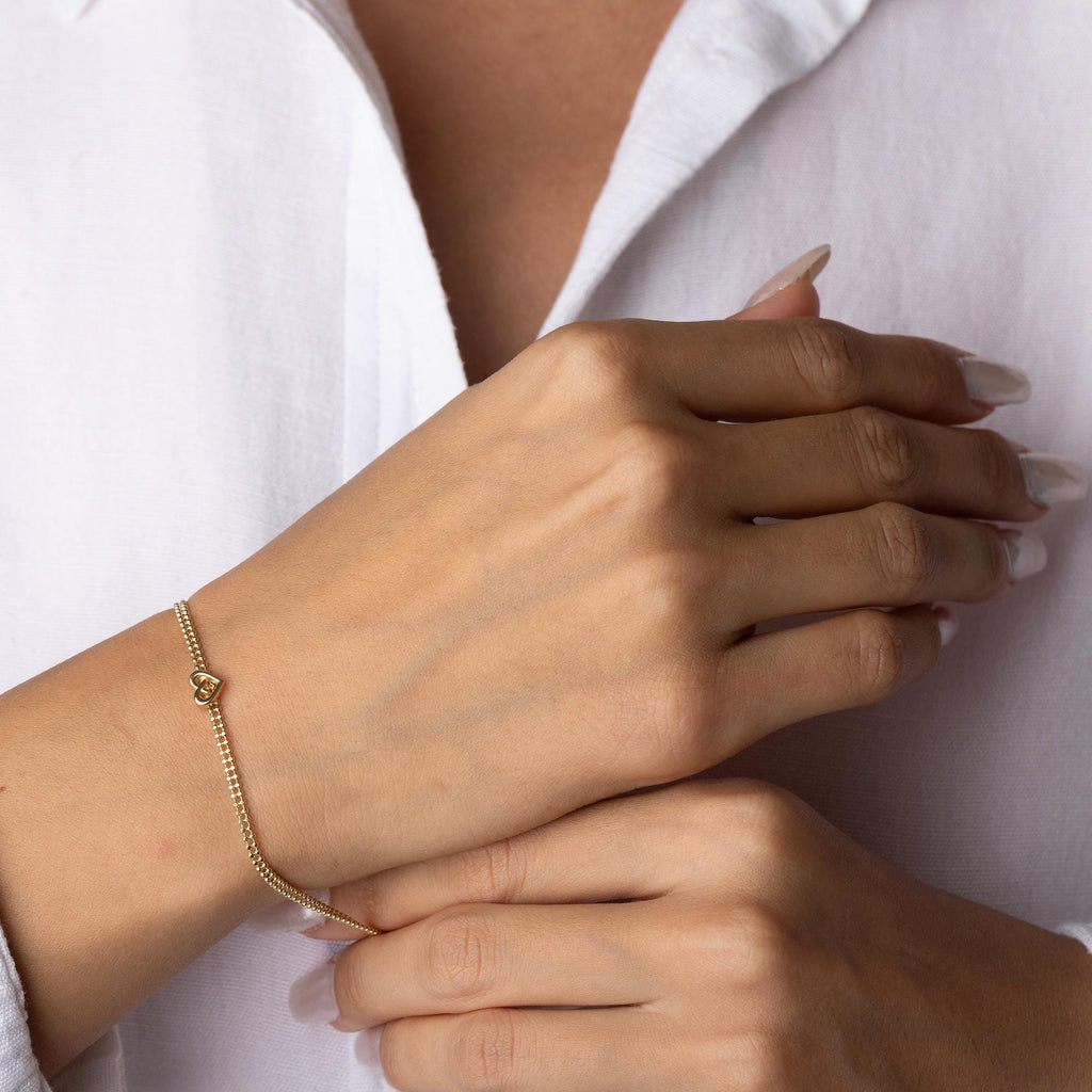 14K Solid Gold Heart Bracelet - Real Gold Love Charm Bracelet