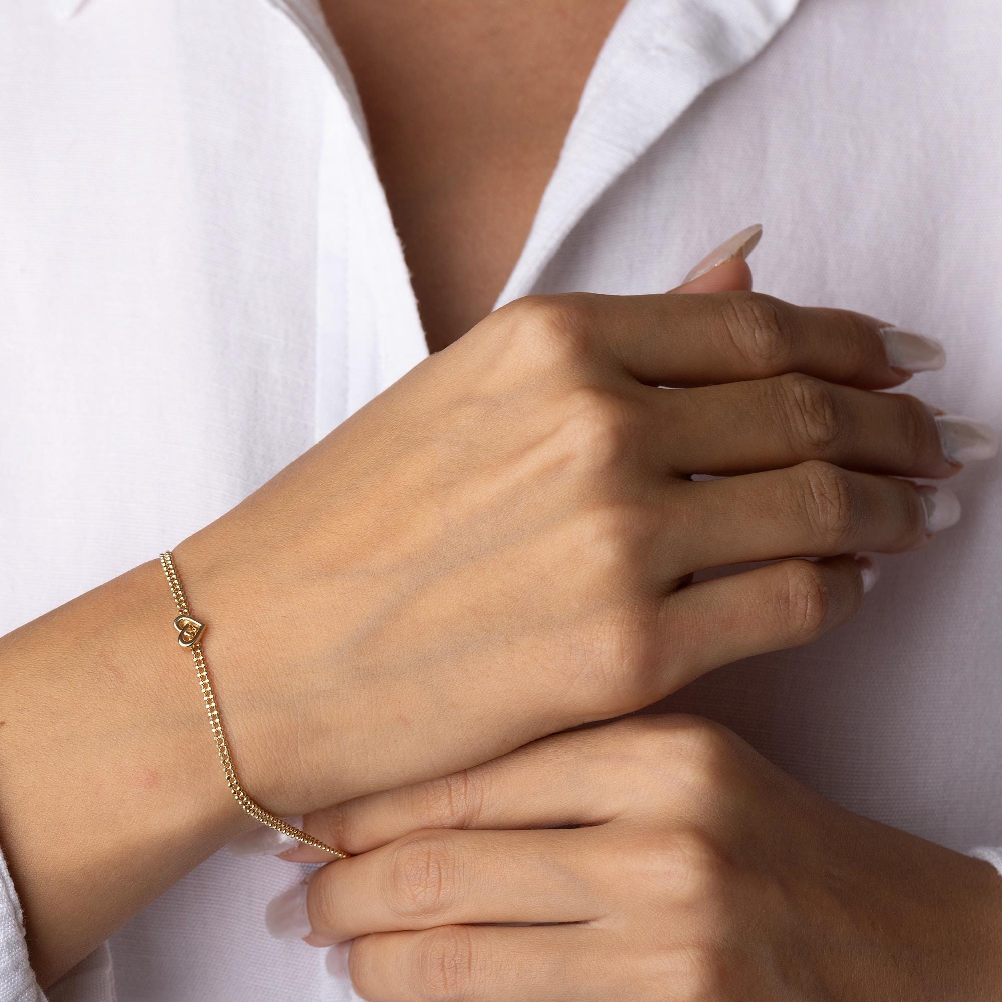 14K Solid Gold Heart Bracelet - Real Gold Love Charm Bracelet