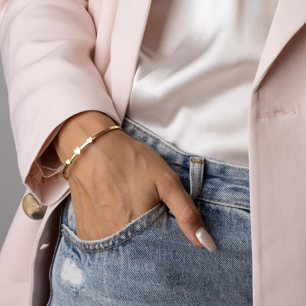 14K Solid Gold Heart Bracelet – Dainty Real Gold Jewelry with Heart Charms