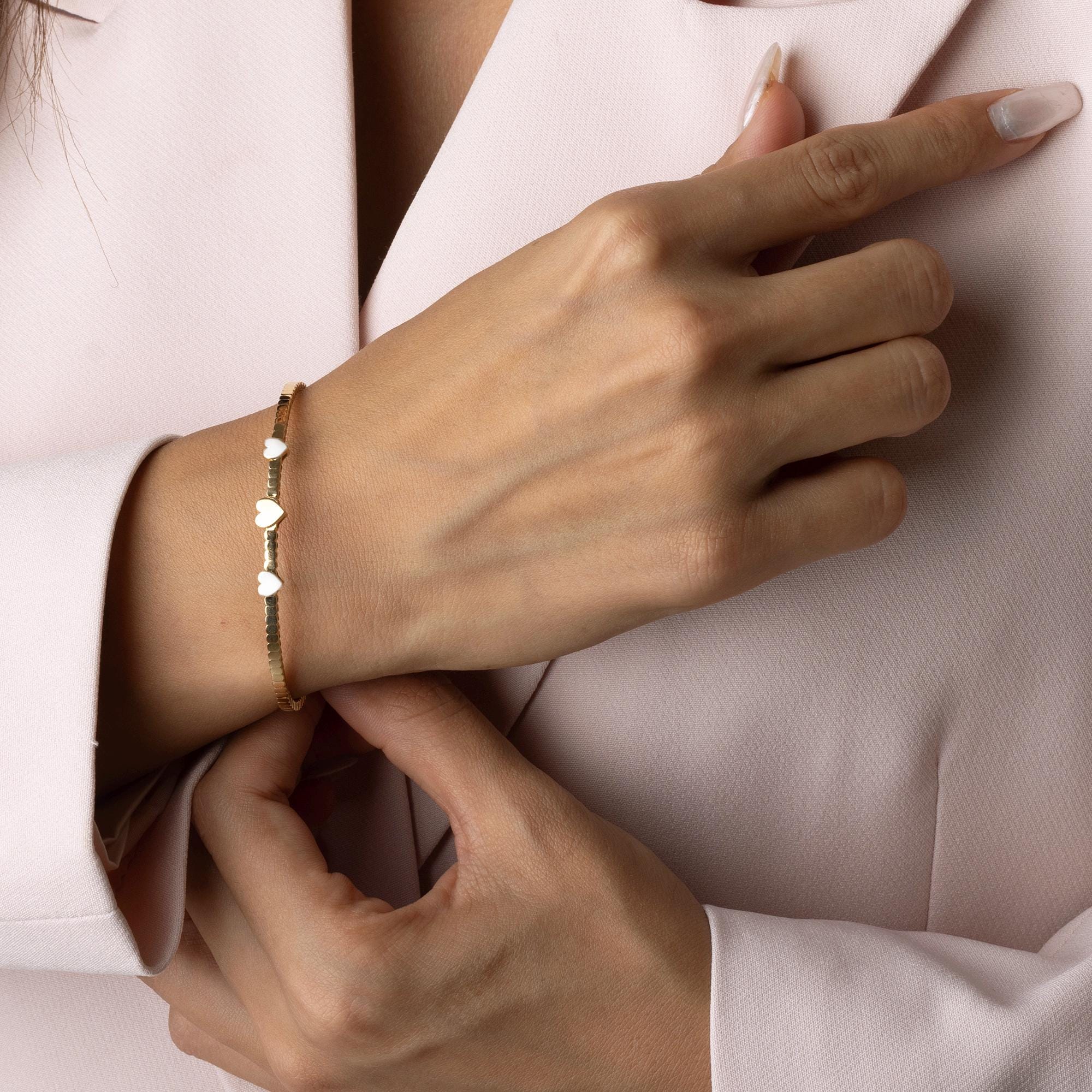 14K Solid Gold Heart Bracelet – Dainty Real Gold Jewelry with Heart Charms