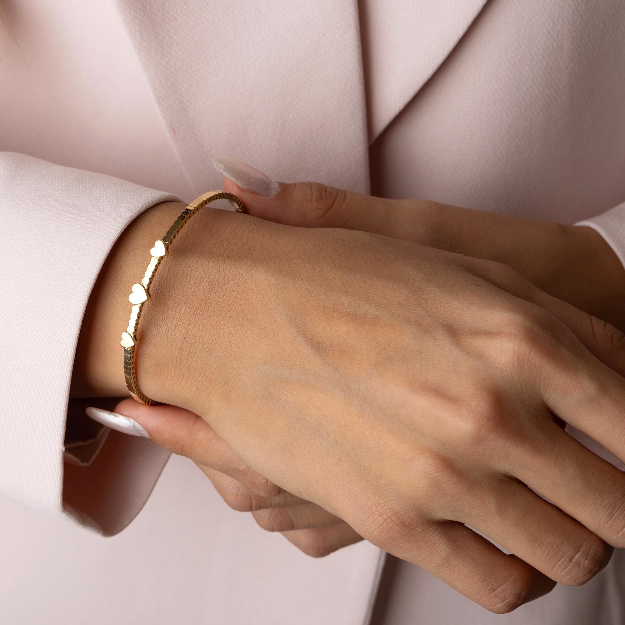 14K Solid Gold Heart Bracelet – Dainty Real Gold Jewelry with Heart Charms