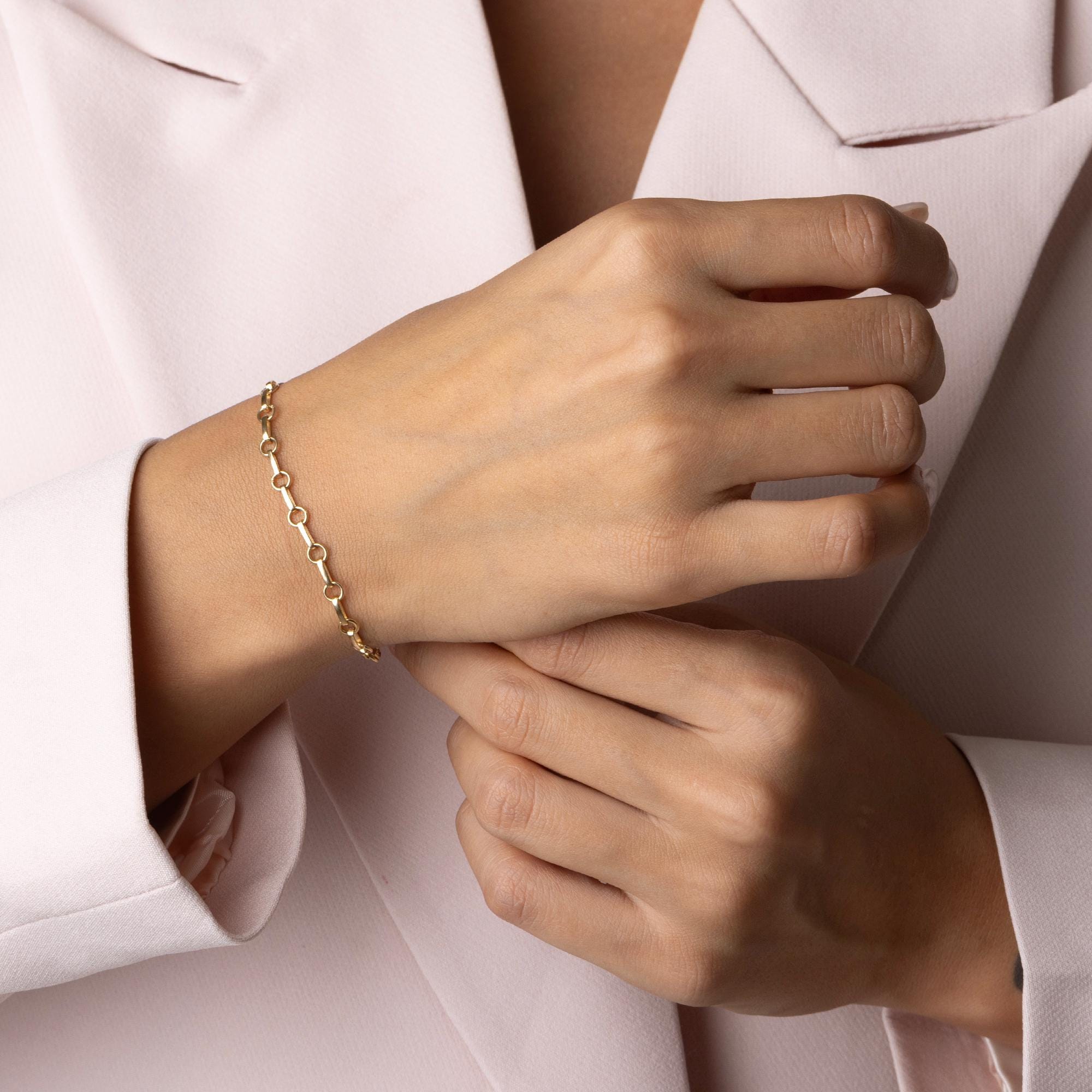 14K Solid Gold Circle Link Bracelet – Minimalist Round Chain Real Gold Jewelry