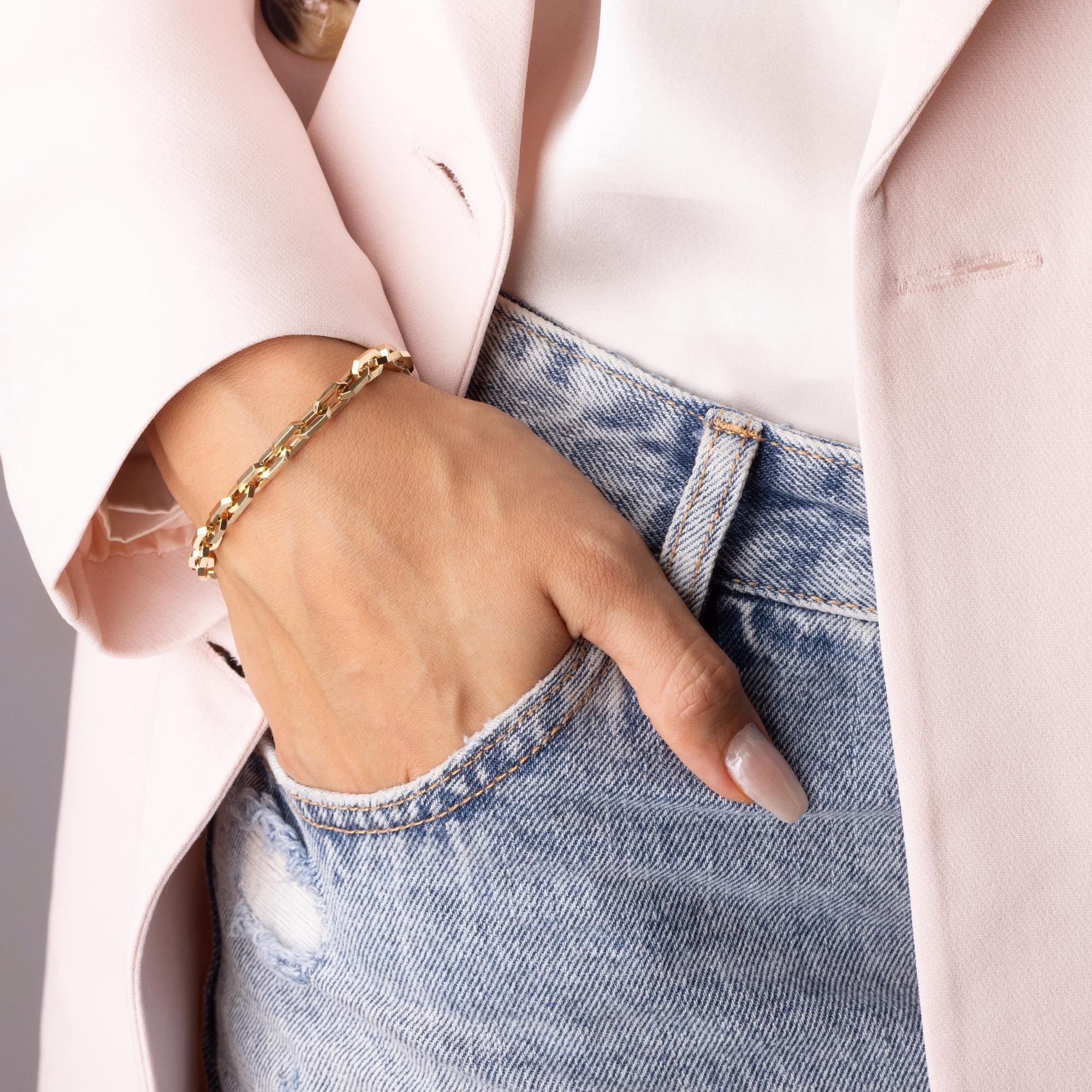 14K Solid Gold Bold Link Bracelet – Rectangular Chain Real Gold Jewelry