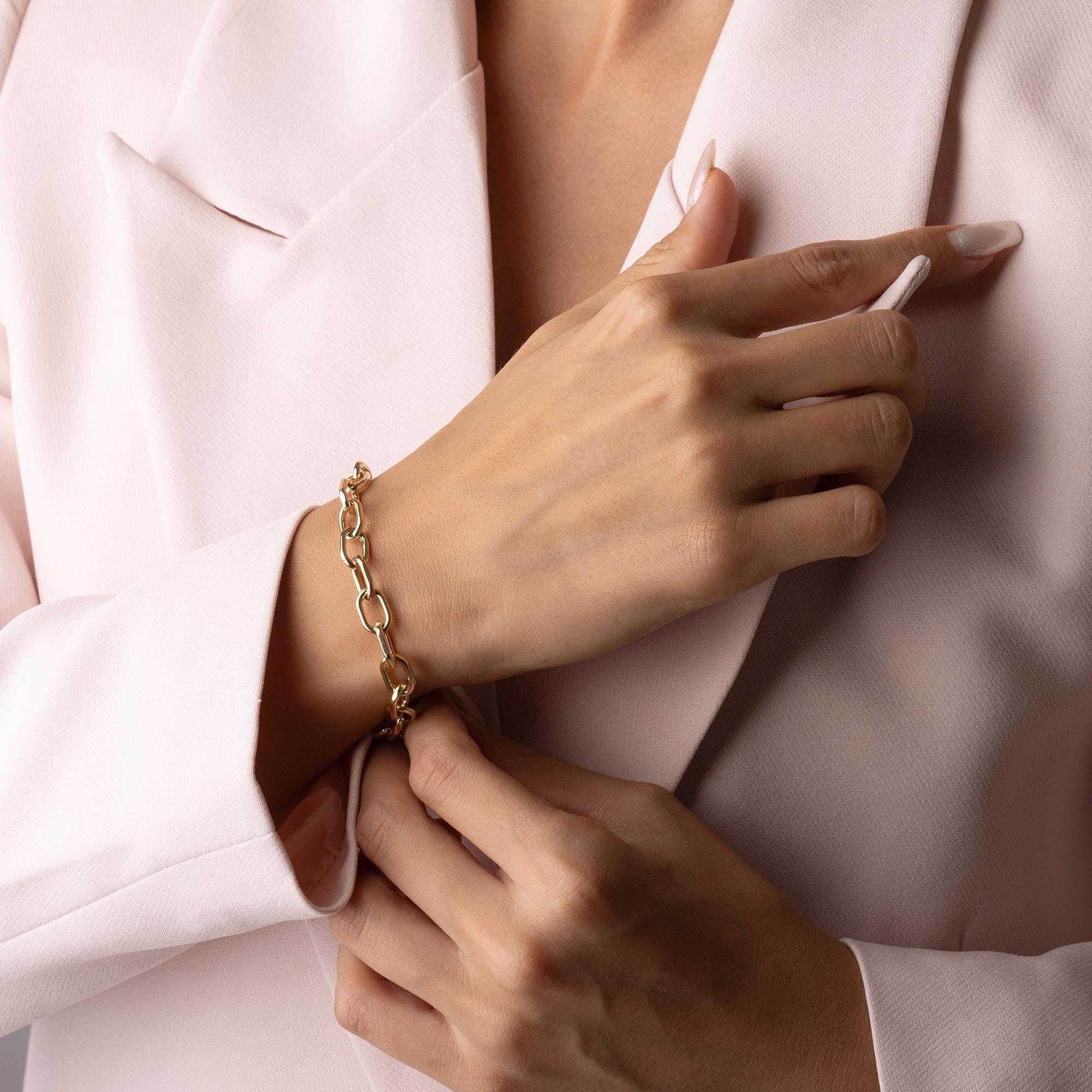 14K Solid Gold Oversized Paperclip Bracelet – Bold Chunky Link Real Gold Jewelry, Modern Statement Chain Bracelet for Women