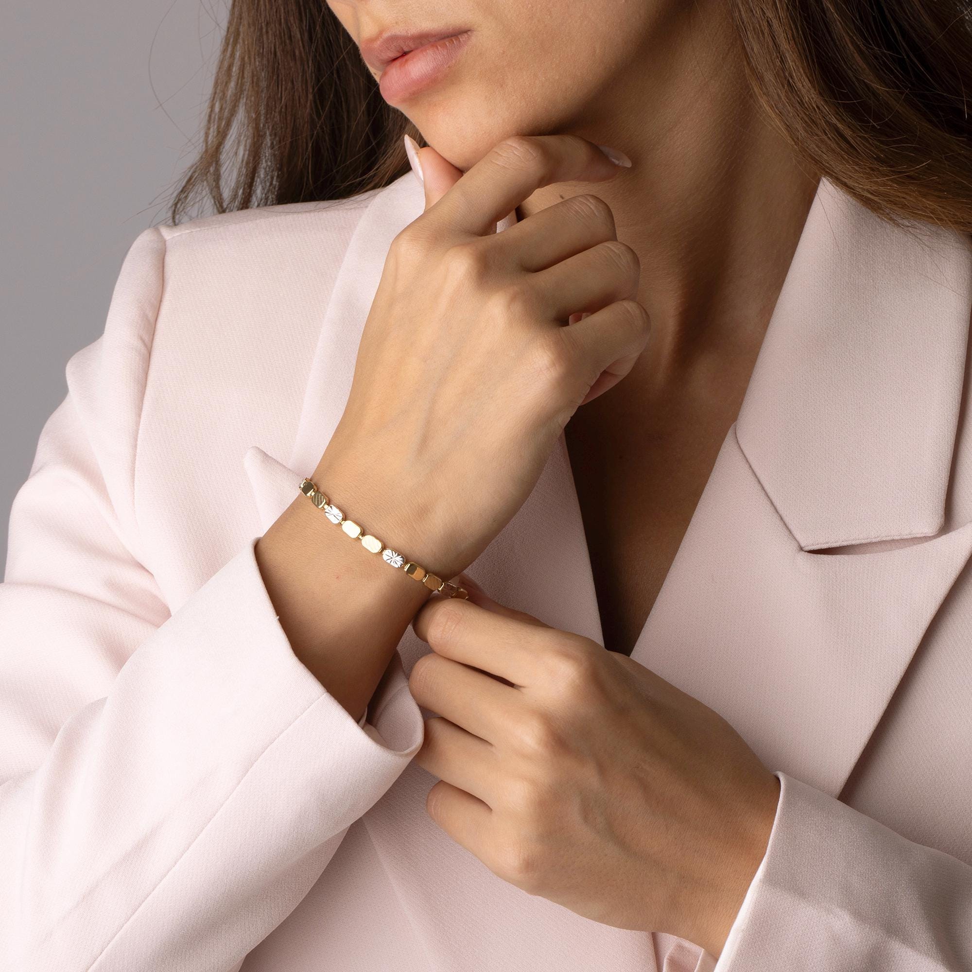 14K Solid Gold Two-Tone Bracelet – Elegant Real Gold Jewelry with White Gold Accents, Minimalist Bracelet for Women, Everyday Gift