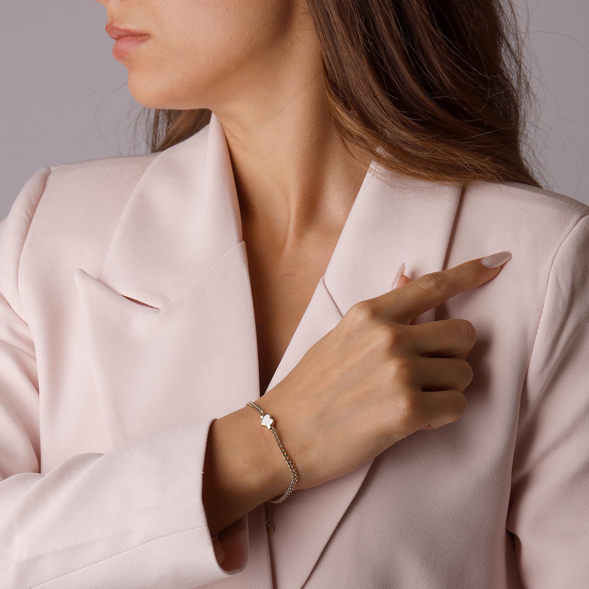 14K Solid Gold Pink Heart Bracelet - Enamel Heart Chain Bracelet