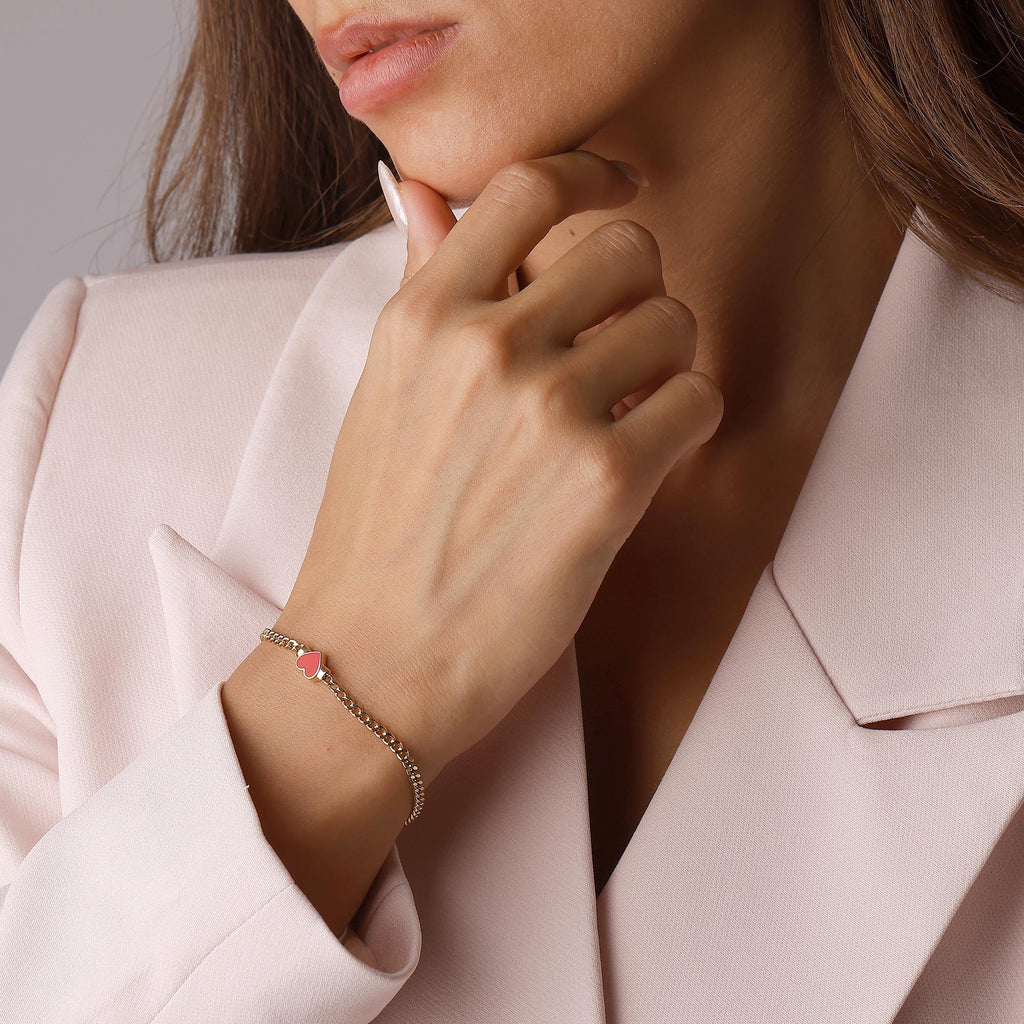 14K Solid Gold Pink Heart Bracelet - Enamel Heart Chain Bracelet