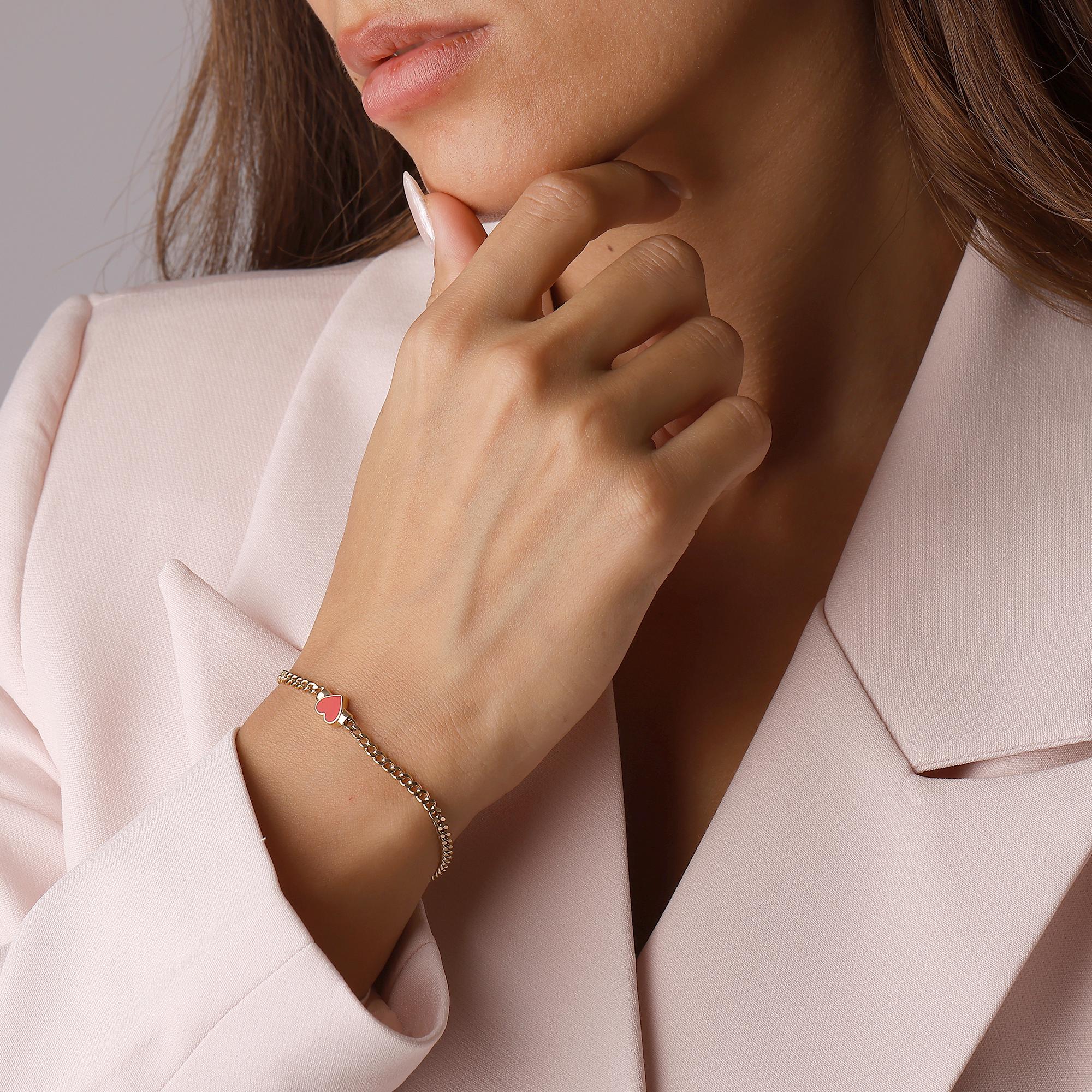 14K Solid Gold Pink Heart Bracelet - Enamel Heart Chain Bracelet