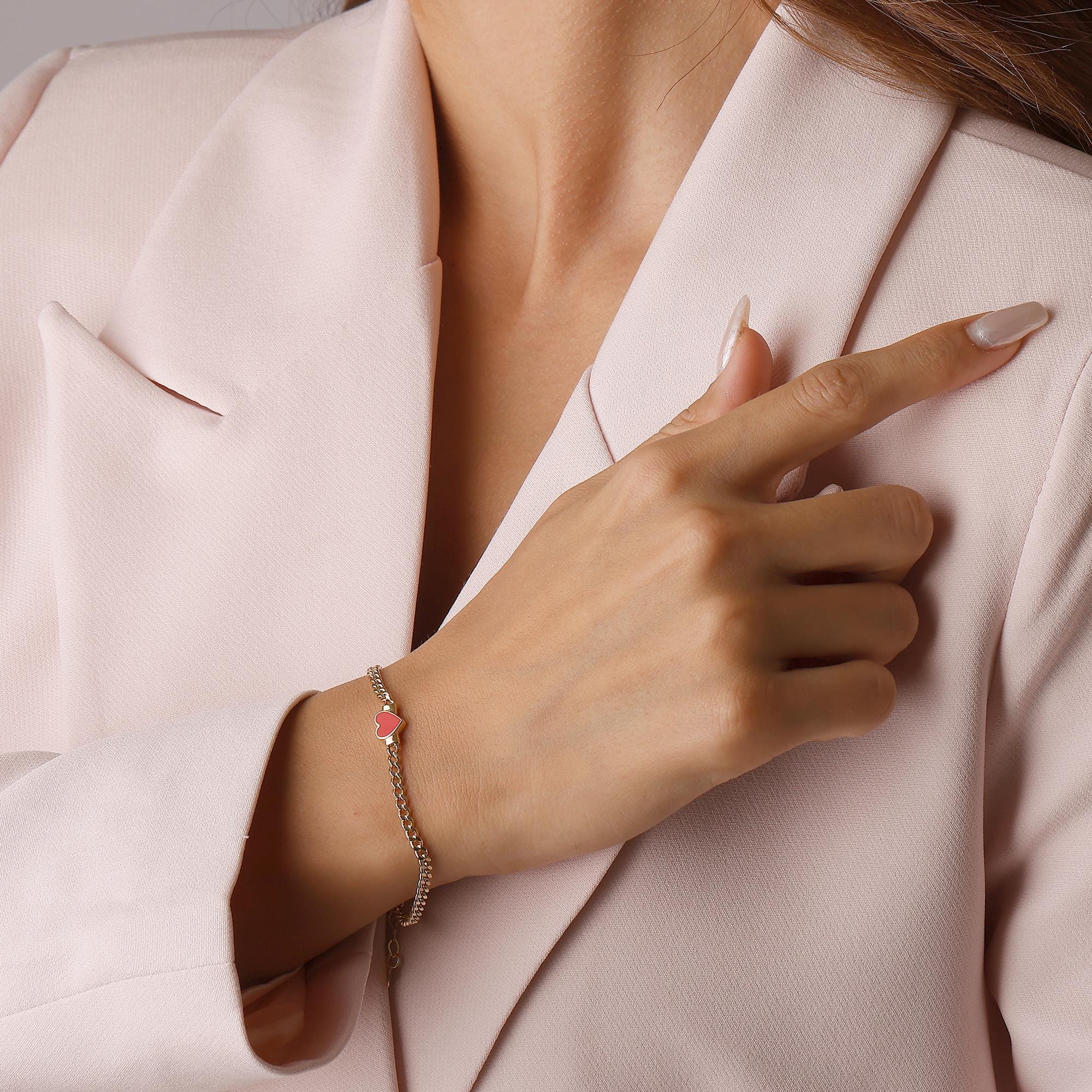 14K Solid Gold Pink Heart Bracelet - Enamel Heart Chain Bracelet