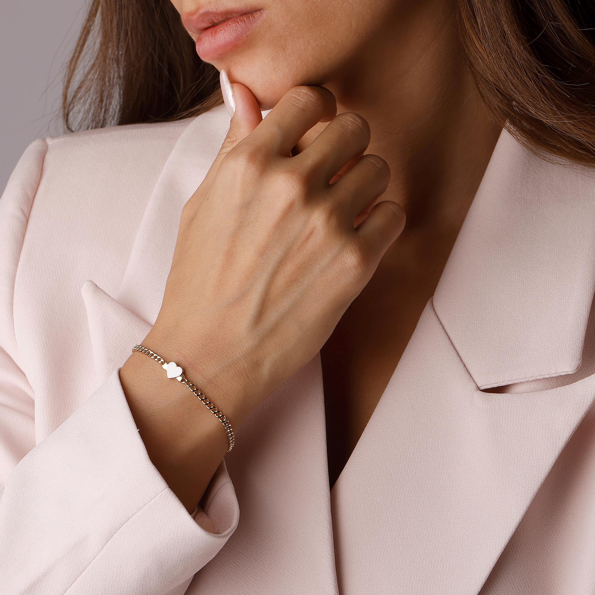 14K Solid Gold Pink Heart Bracelet - Enamel Heart Chain Bracelet