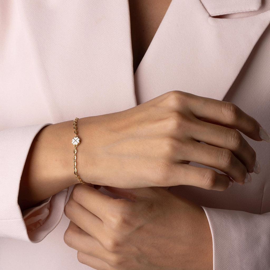 14K Solid Gold Clover Bracelet – Dainty White Enamel Four Leaf Charm