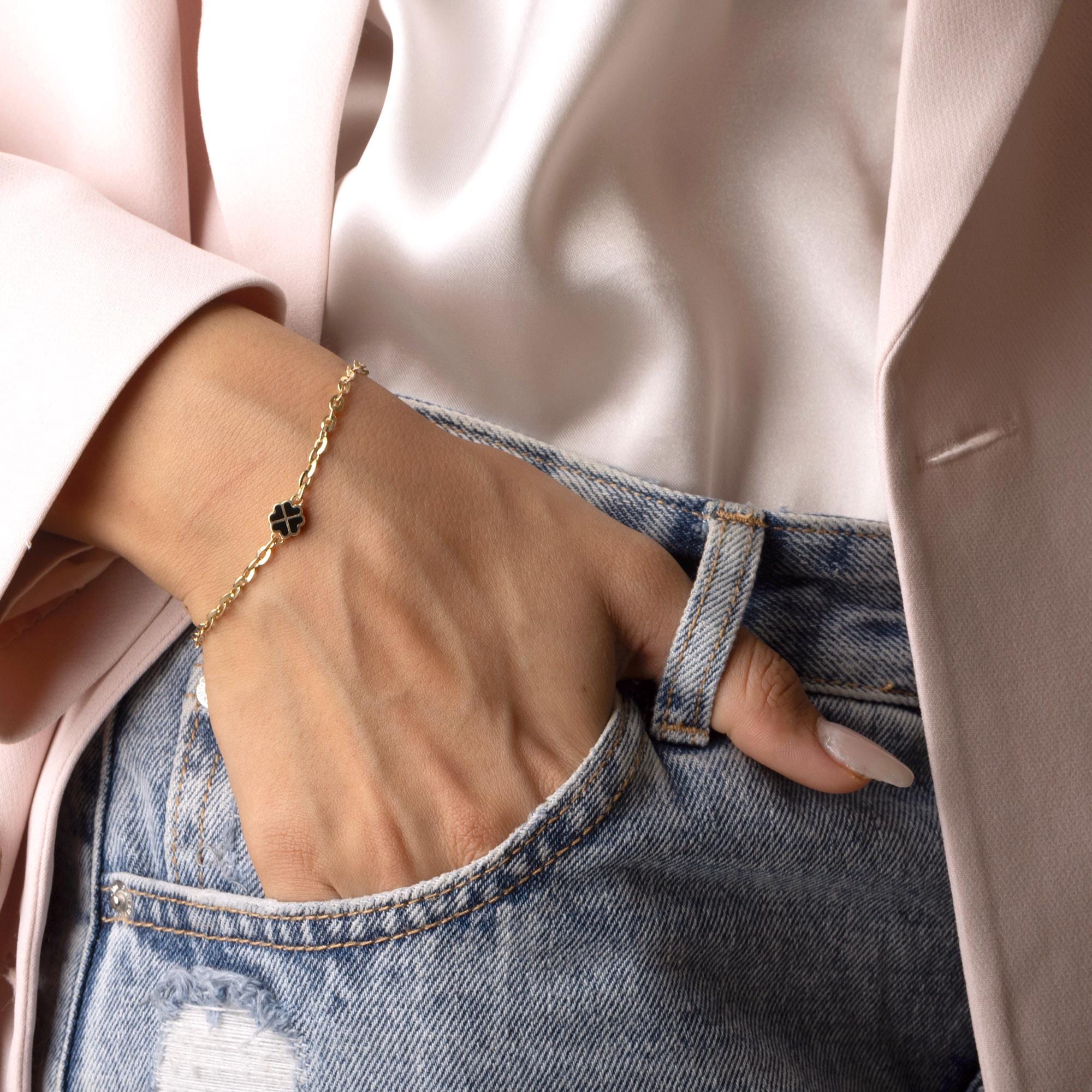 14K Solid Gold Clover Bracelet – Dainty White Enamel Four Leaf Charm