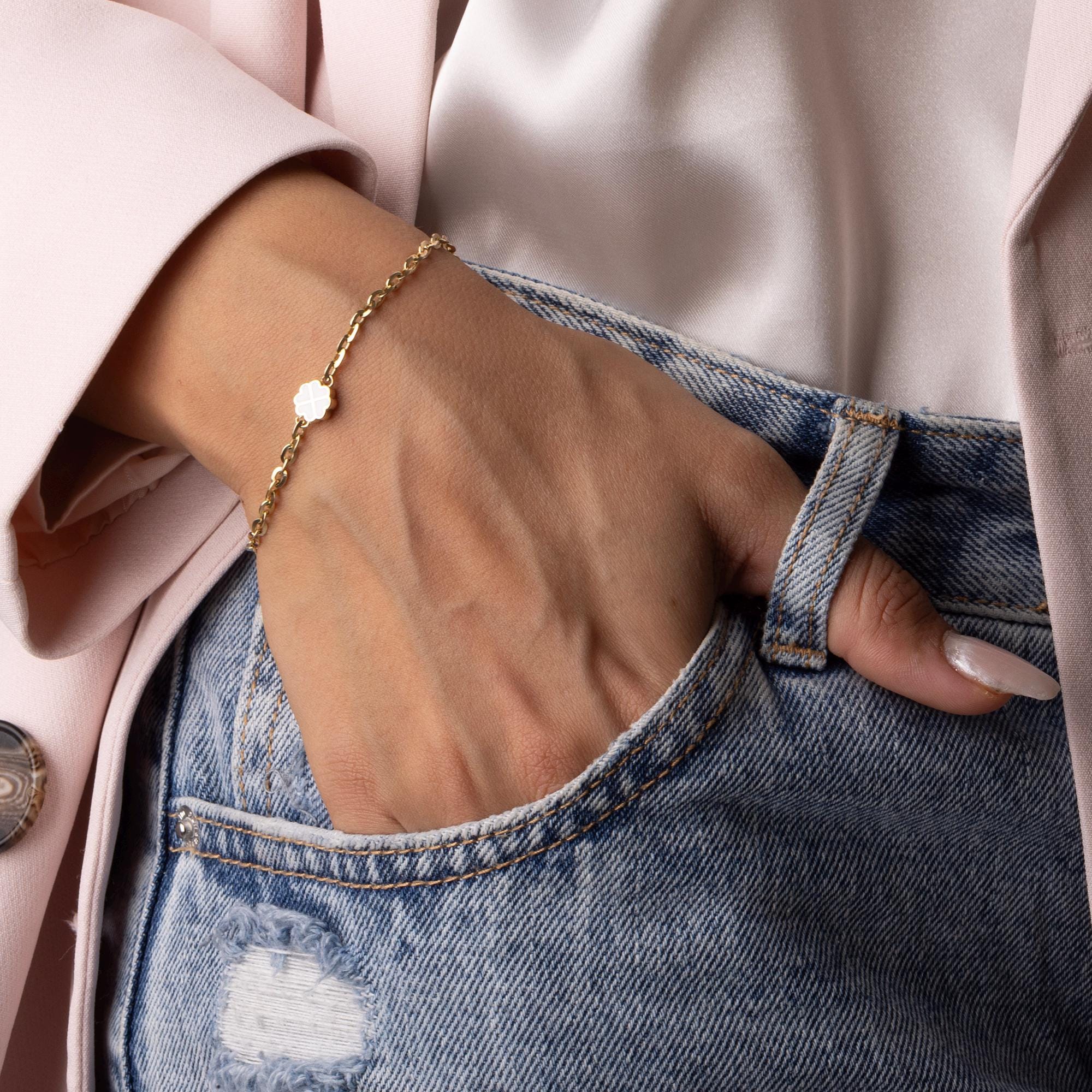 14K Solid Gold Clover Bracelet – Dainty White Enamel Four Leaf Charm