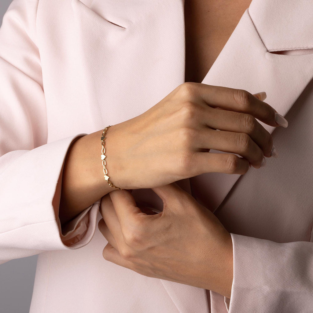 14K Solid Gold Heart Link Bracelet - Dainty Real Gold Jewelry with Small Hearts